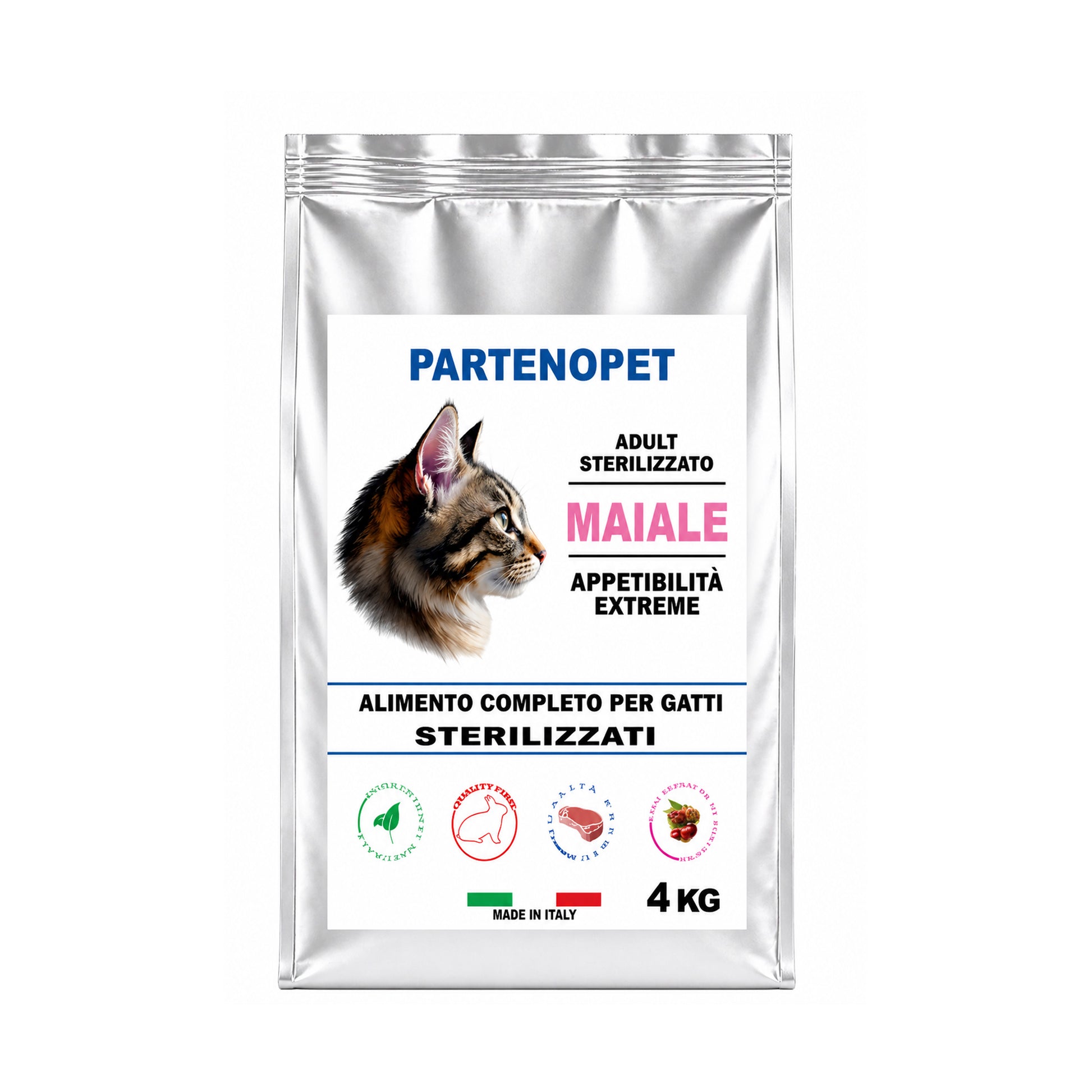 Sacco di crocchette Partenopet per gatti sterilizzati al gusto maiale, alimento secco light per il controllo del peso con il 12% di grassi, ricco di taurina e oligoelementi, 100% Made in Italy.