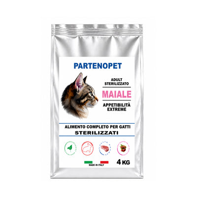 Sacco di crocchette Partenopet per gatti sterilizzati al gusto maiale, alimento secco light per il controllo del peso con il 12% di grassi, ricco di taurina e oligoelementi, 100% Made in Italy.