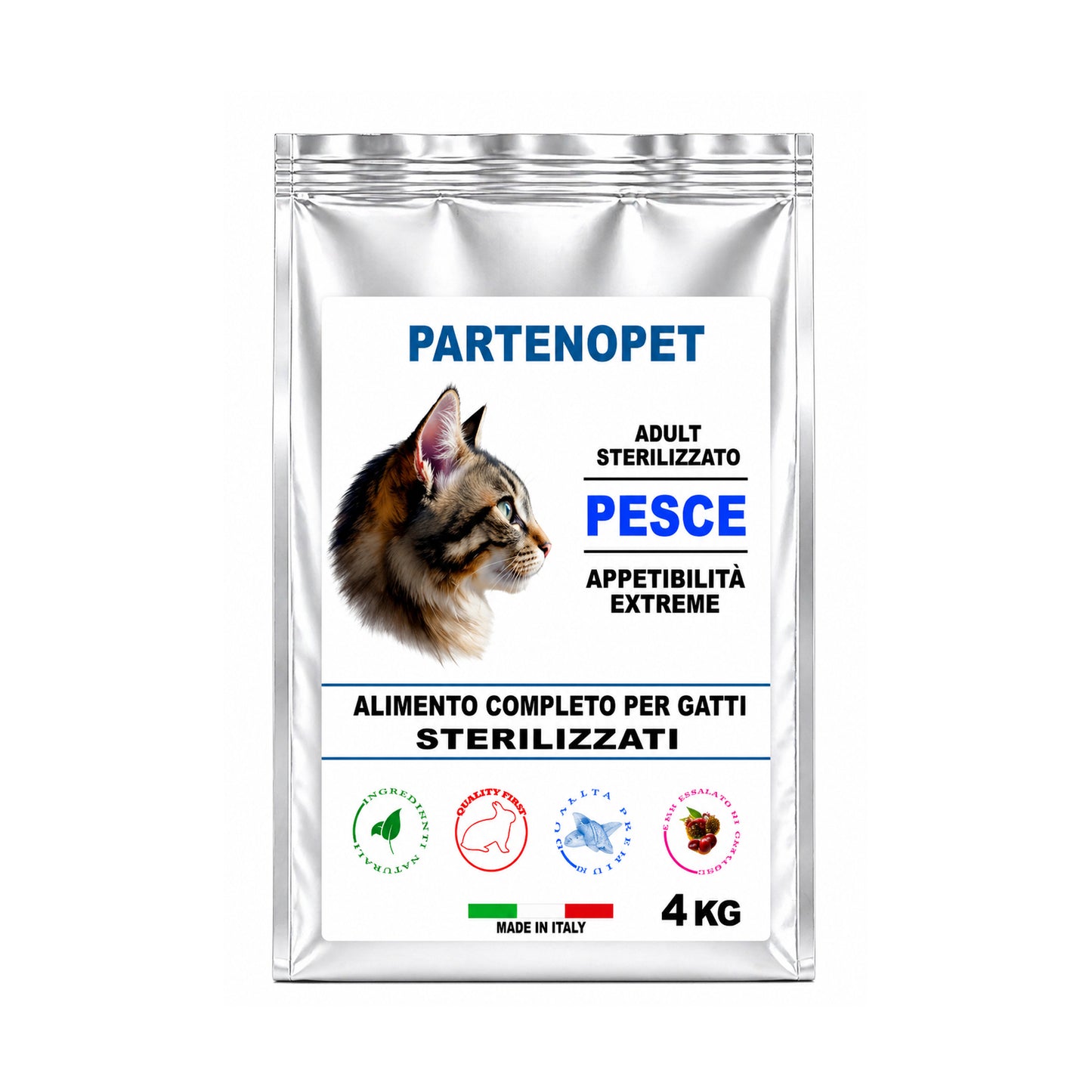 Sacco di crocchette Partenopet per gatti sterilizzati al gusto pesce, alimento secco light per il controllo del peso con il 12% di grassi, ricco di taurina e oligoelementi, 100% Made in Italy.