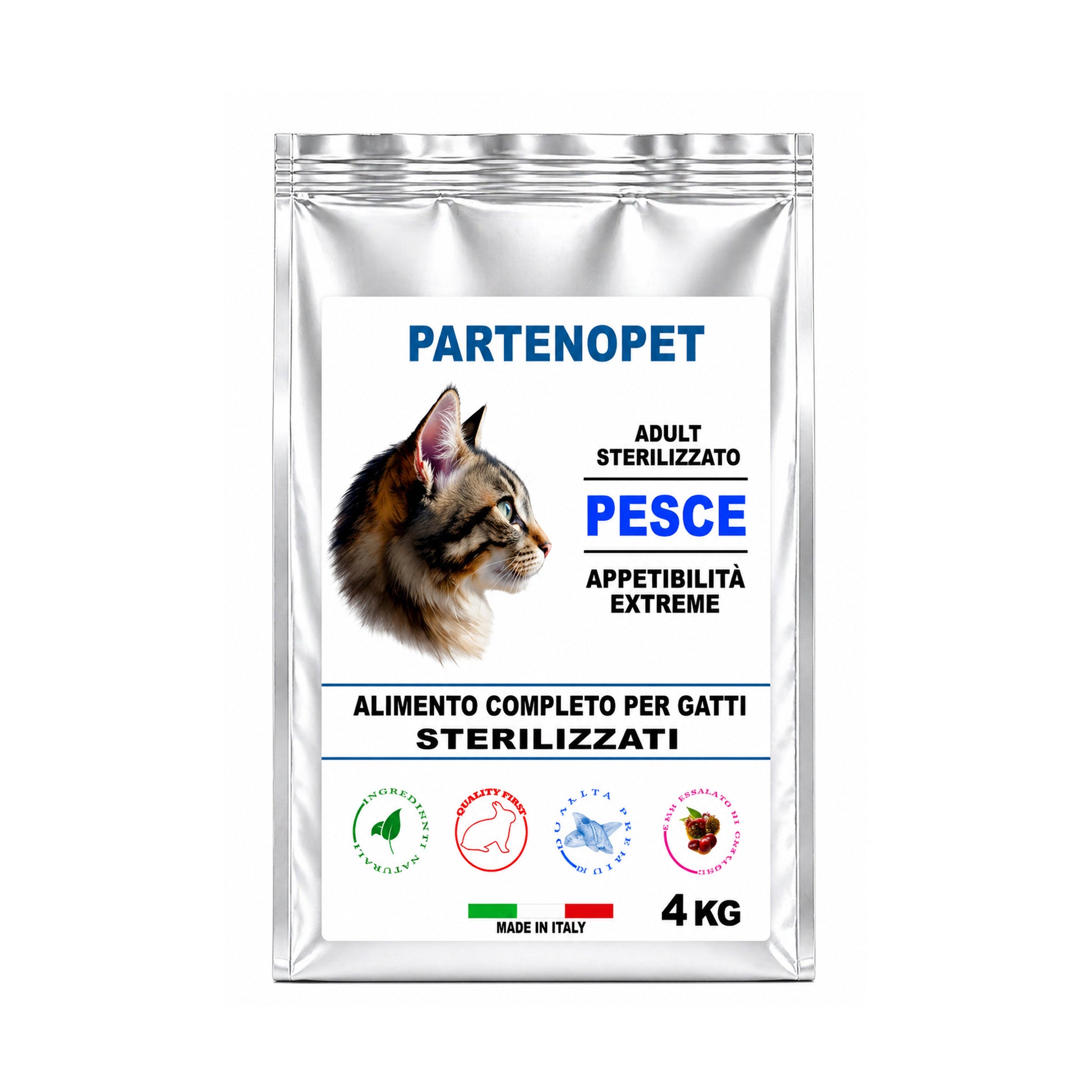 Sacco di crocchette Partenopet per gatti sterilizzati al gusto pesce, alimento secco light per il controllo del peso con il 12% di grassi, ricco di taurina e oligoelementi, 100% Made in Italy.