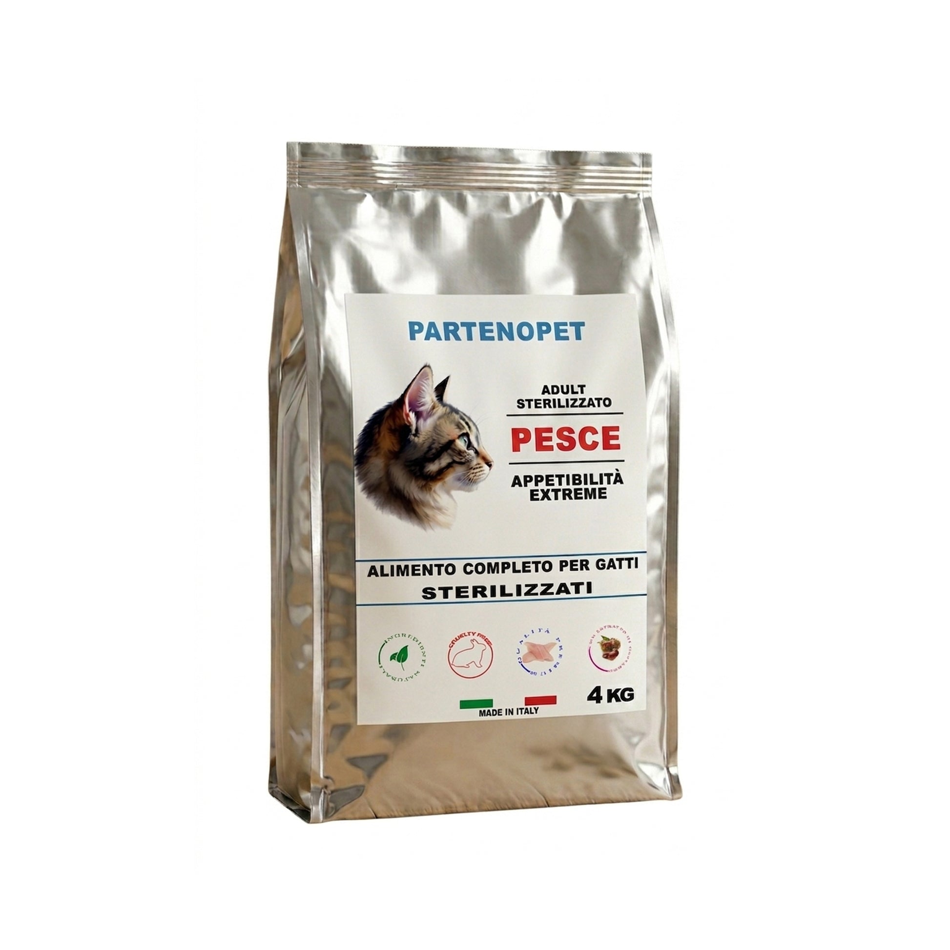 Sacco di crocchette Partenopet per gatti sterilizzati al gusto pesce, alimento secco light per il controllo del peso con il 12% di grassi, ricco di taurina e oligoelementi, 100% Made in Italy.