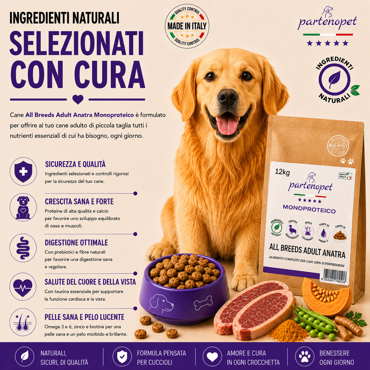 Partenopet Adult All Breeds Mono Anatra e Zucca Crocchette per Cani 100% Naturali 12 kg - Partenopet