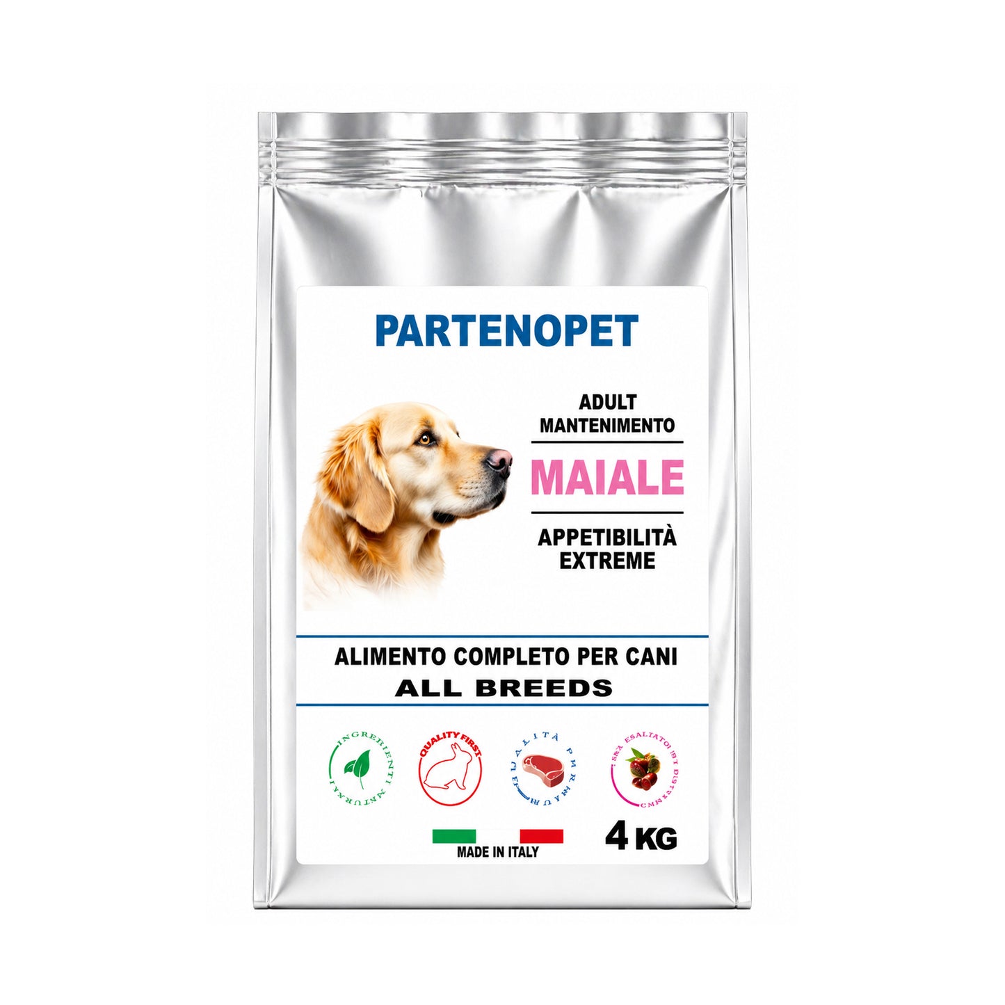 Sacco da 4 kg di crocchette premium per cani Partenopet al gusto maiale, cibo secco bilanciato con il 33% di proteine, prodotto 100% Made in Italy per il benessere del cane.