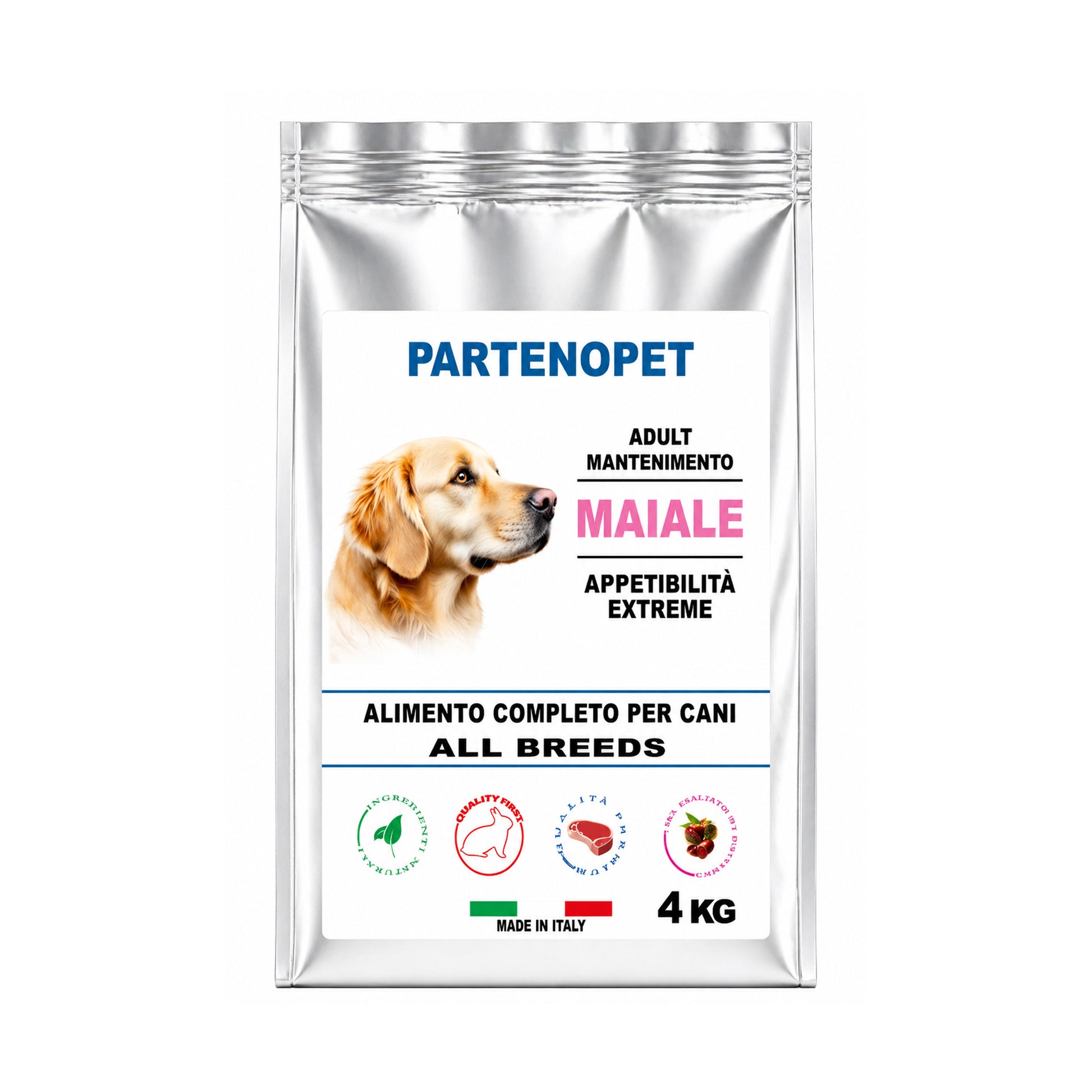 Sacco da 4 kg di crocchette premium per cani Partenopet al gusto maiale, cibo secco bilanciato con il 33% di proteine, prodotto 100% Made in Italy per il benessere del cane.