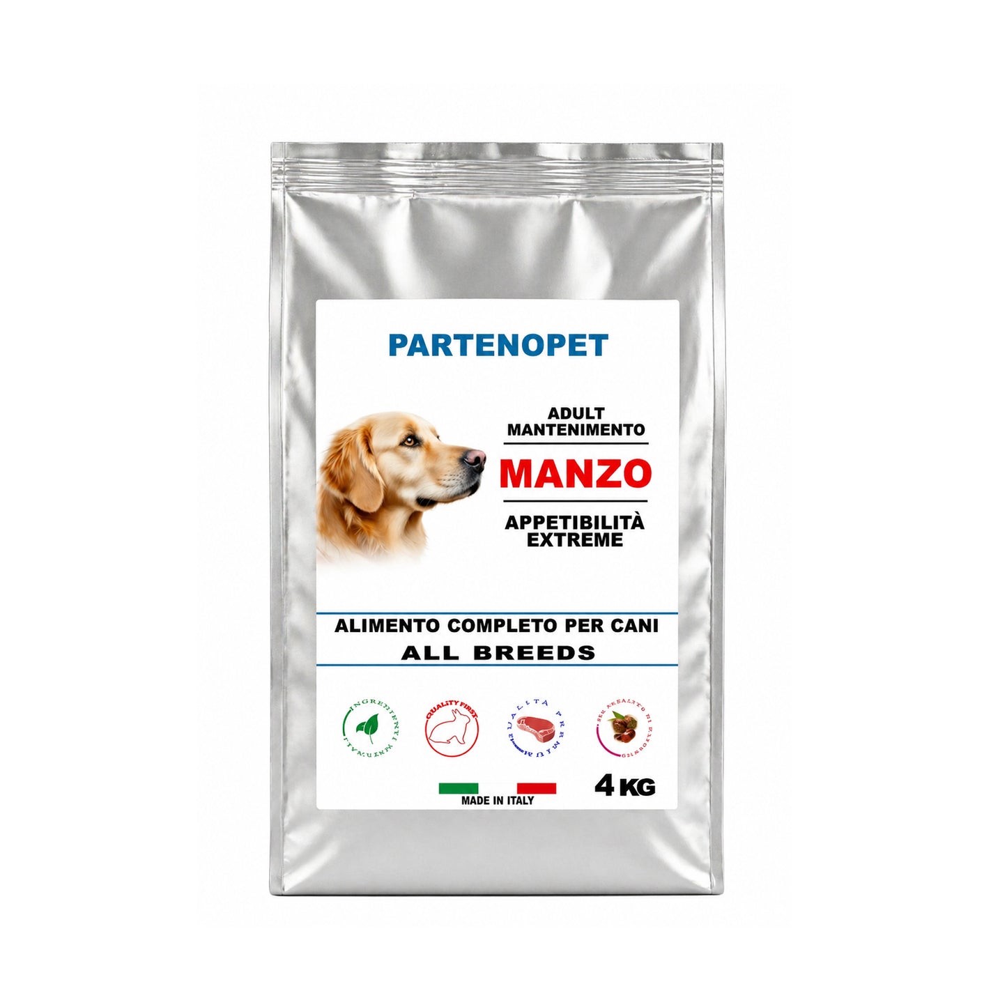 Sacco da 4 kg di crocchette premium per cani Partenopet al gusto manzo, cibo secco bilanciato con il 33% di proteine disidratate, prodotto 100% Made in Italy per l'energia quotidiana del cane.