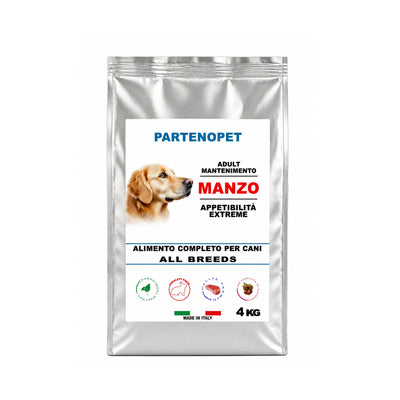 Sacco da 4 kg di crocchette premium per cani Partenopet al gusto manzo, cibo secco bilanciato con il 33% di proteine disidratate, prodotto 100% Made in Italy per l'energia quotidiana del cane.