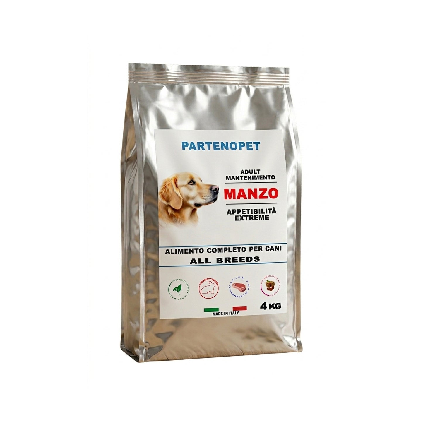 Sacco da 4 kg di crocchette premium per cani Partenopet al gusto manzo, cibo secco bilanciato con il 33% di proteine disidratate, prodotto 100% Made in Italy per l'energia quotidiana del cane.
