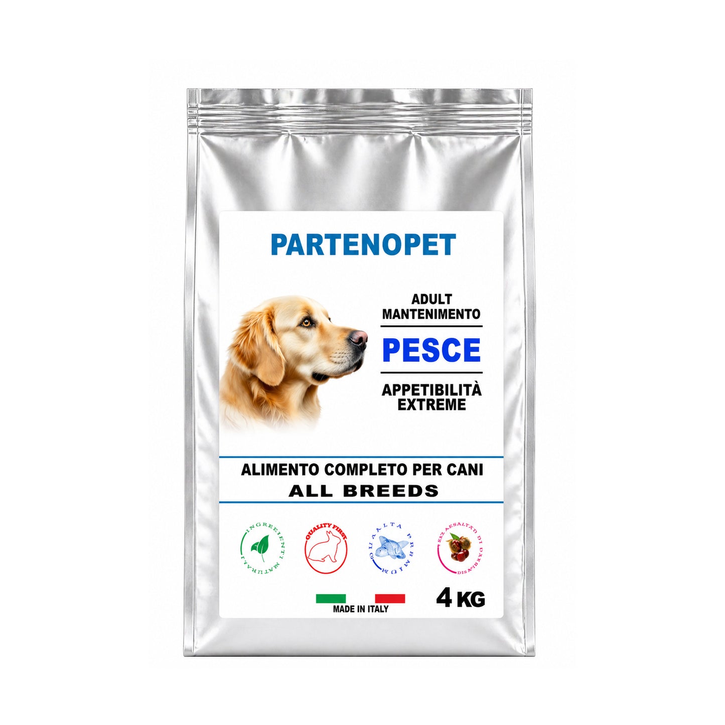 Partenopet Premium: crocchette al pesce per cani con il 33% di proteine disidratate. Formula digeribile e bilanciata con estratto di castagno. Sacco da 4 kg. Made in Italy.