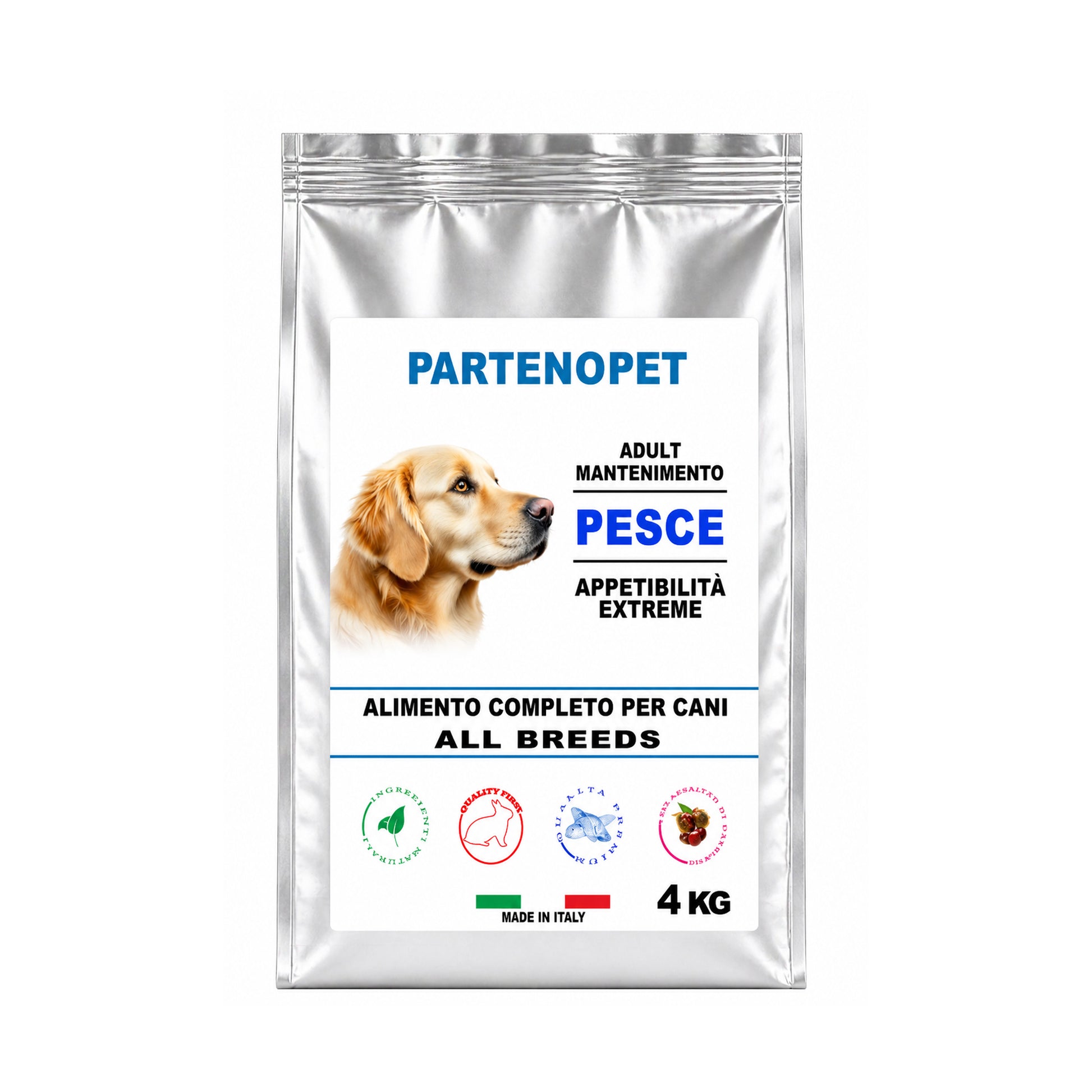 Partenopet Premium: crocchette al pesce per cani con il 33% di proteine disidratate. Formula digeribile e bilanciata con estratto di castagno. Sacco da 4 kg. Made in Italy.