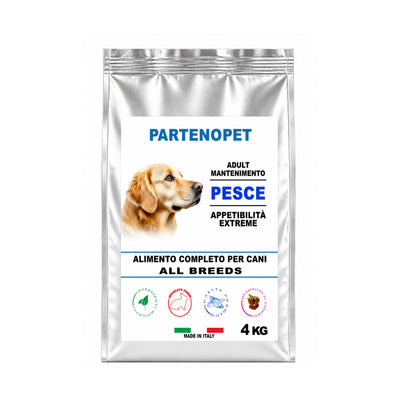 Partenopet Premium: crocchette al pesce per cani con il 33% di proteine disidratate. Formula digeribile e bilanciata con estratto di castagno. Sacco da 4 kg. Made in Italy.