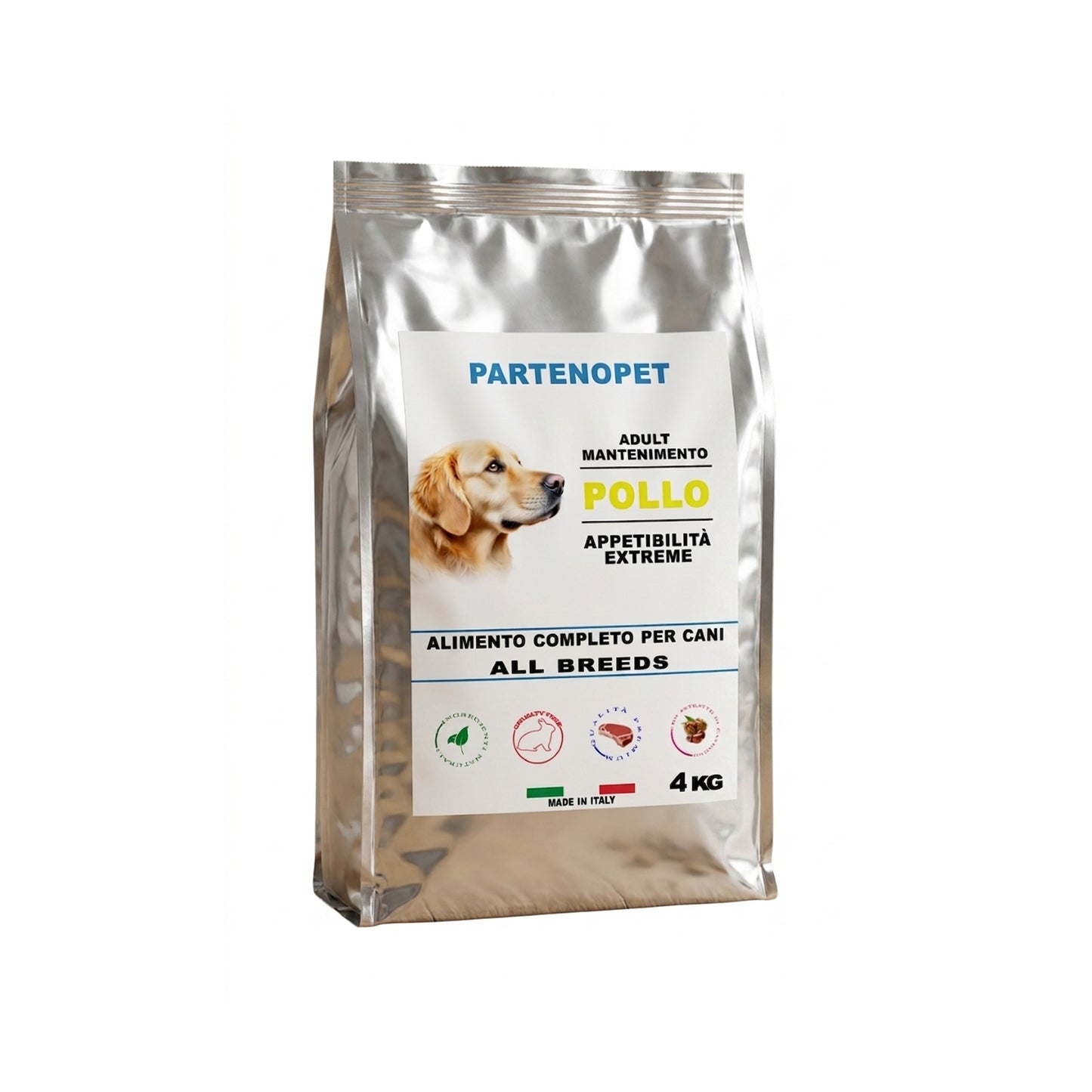 Sacco da 4 kg di crocchette premium per cani Partenopet al gusto pollo, alimento secco bilanciato con il 33% di proteine disidratate, formula leggera e digeribile 100% Made in Italy.