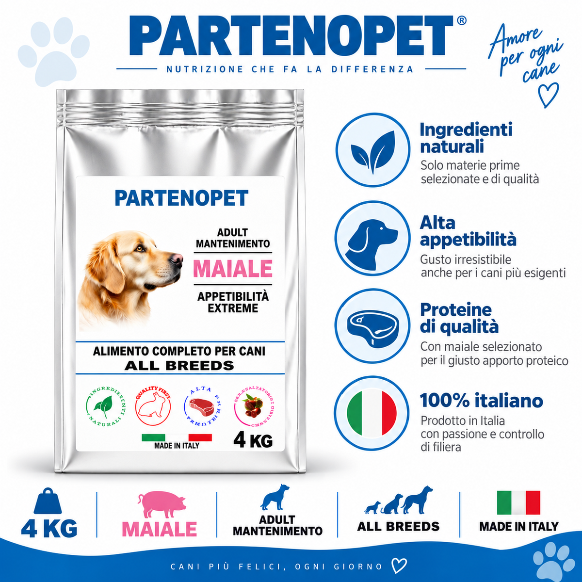 Partenopet Dog Adult Maiale 4 kg All Breeds, alimento completo per cani adulti Made in Italy