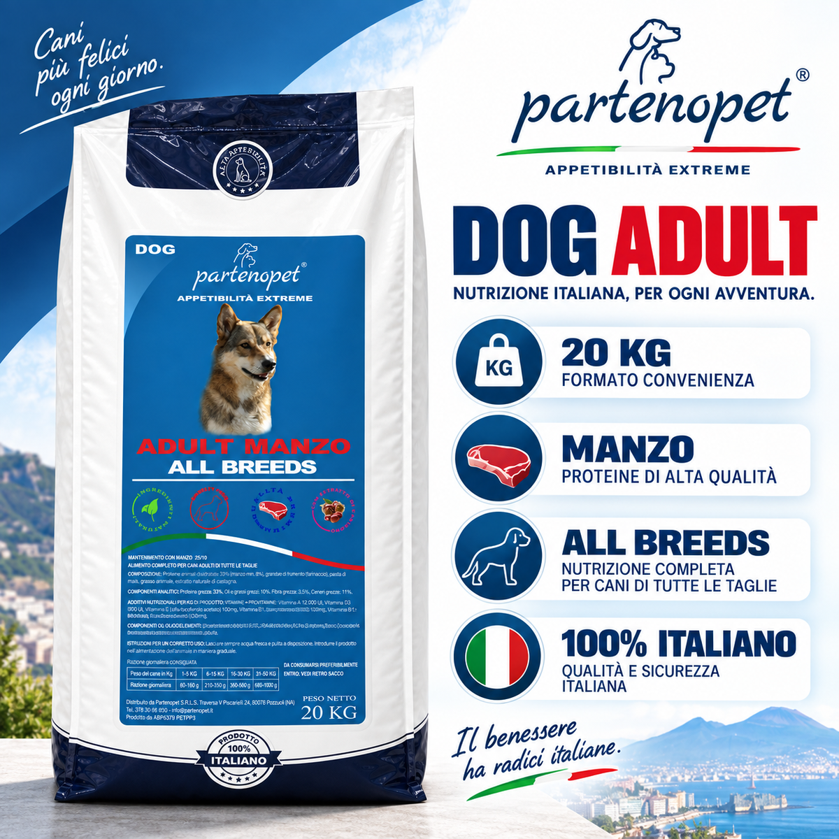 Partenopet Dog Adult Manzo 20 kg: confezione e informazioni del prodotto