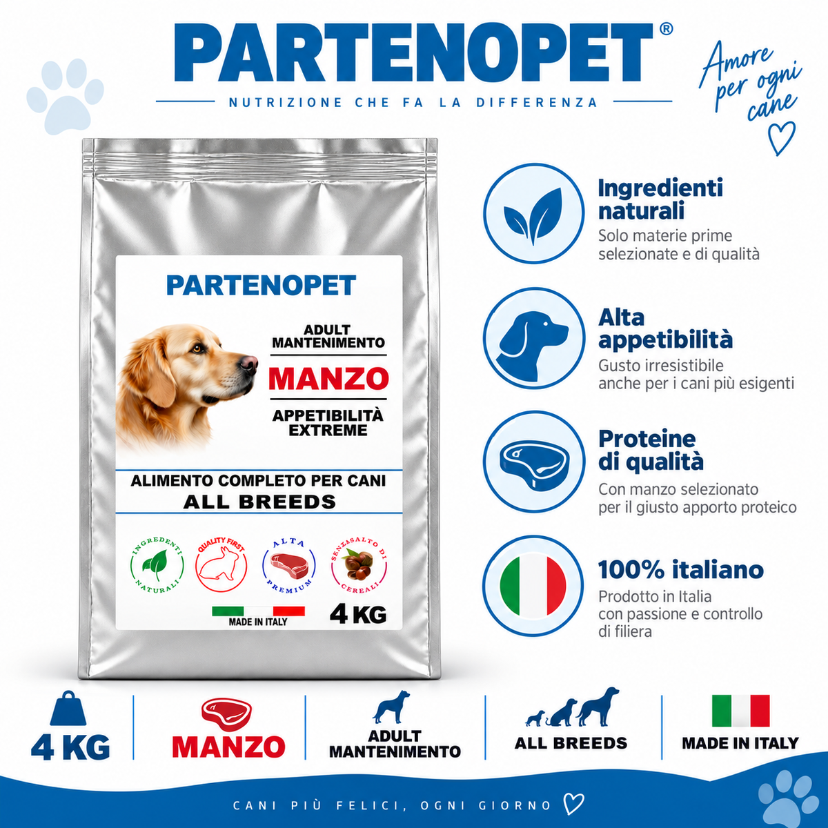 Partenopet Dog Adult Manzo 4 kg All Breeds, alimento completo per cani adulti Made in Italy