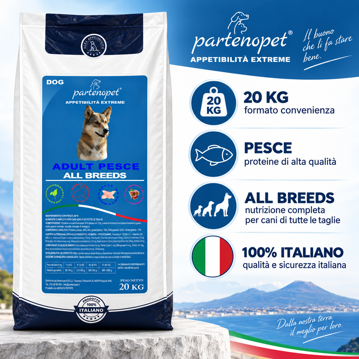 Partenopet Dog Adult Pesce 20 kg: confezione e informazioni del prodotto