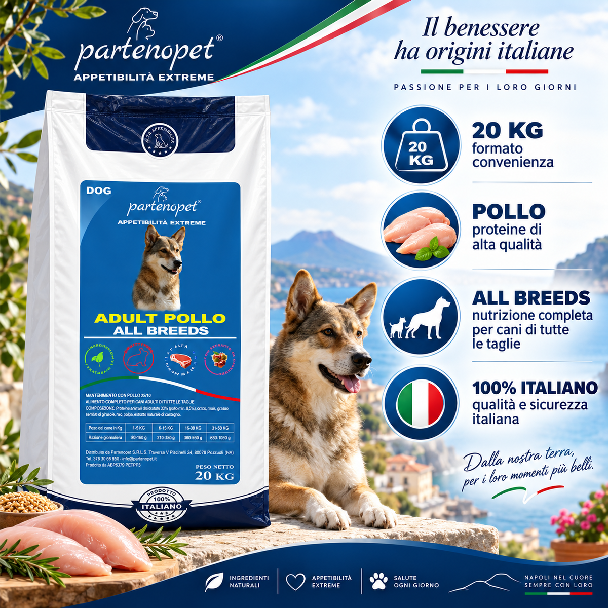 Partenopet Dog Adult Pollo 20 kg: confezione e informazioni del prodotto