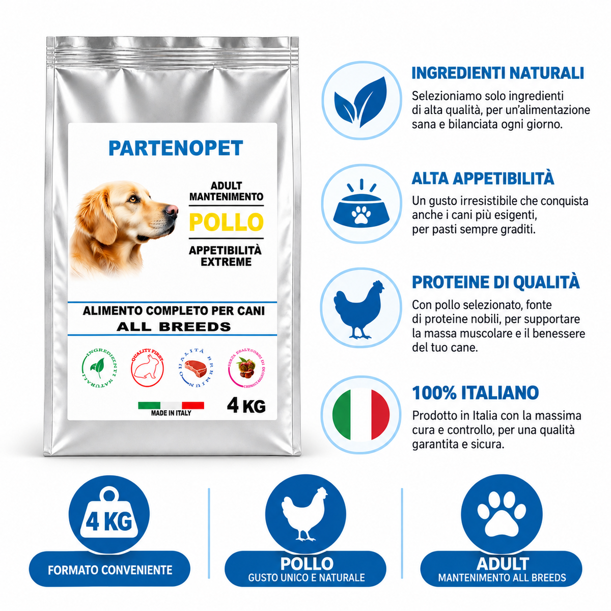 Partenopet Dog Adult Pollo 4 kg All Breeds, alimento completo per cani adulti Made in Italy