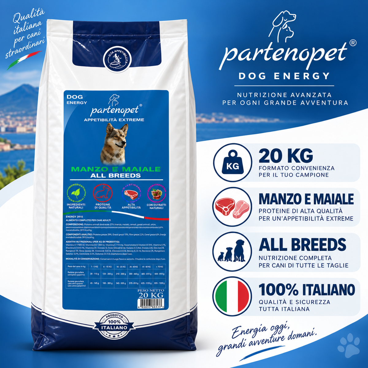 Partenopet Dog Energy 20 kg Manzo e Maiale All Breeds, alimento per cani adulti 100% italiano