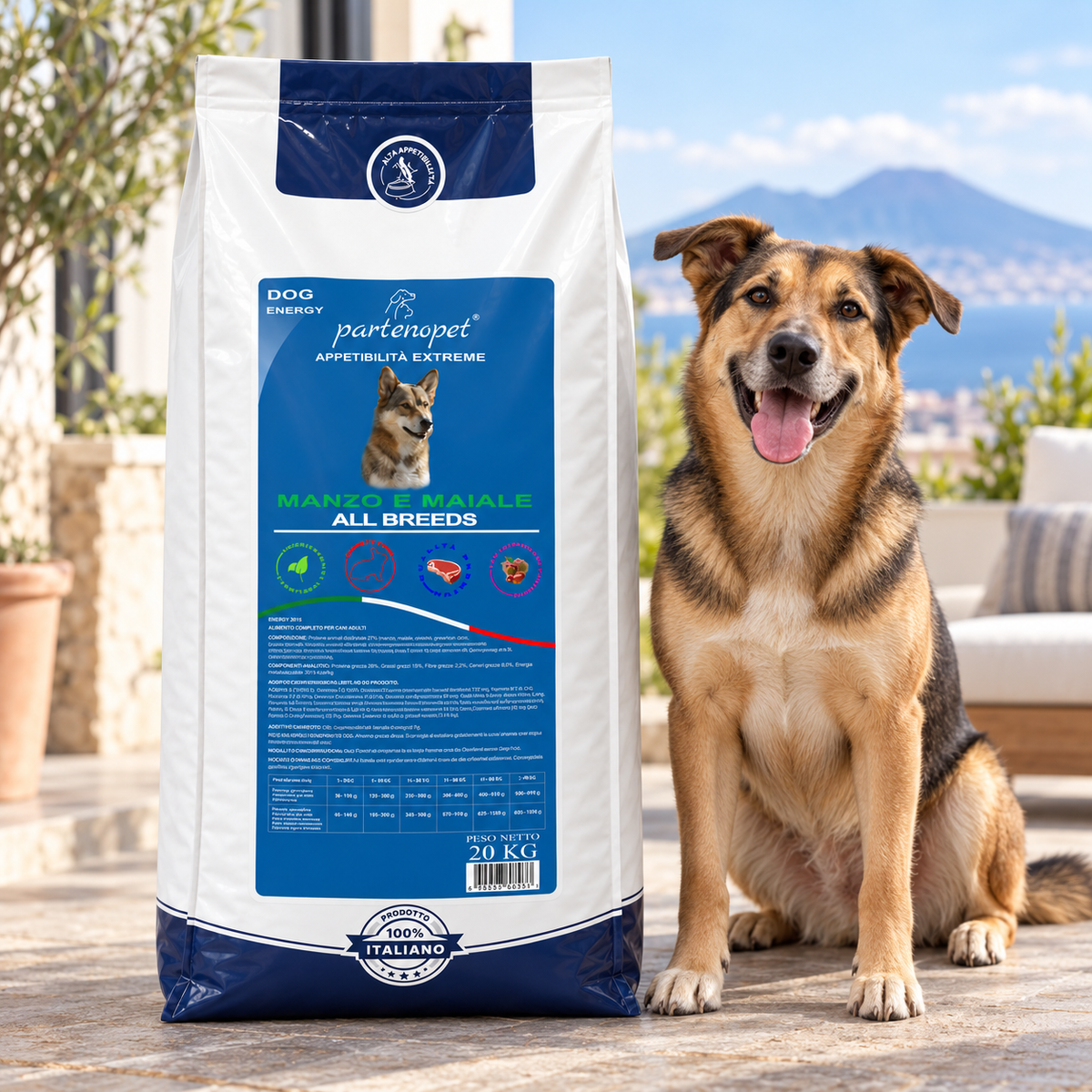 Cane adulto accanto al sacco Partenopet Dog Energy Manzo e Maiale 20 kg