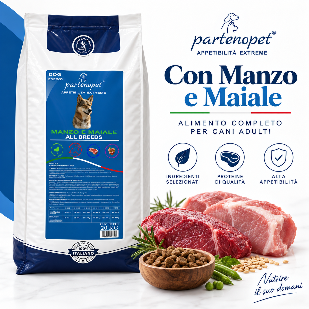 Crocchette Partenopet per cani adulti con manzo e maiale, alimento completo ad alta appetibilità