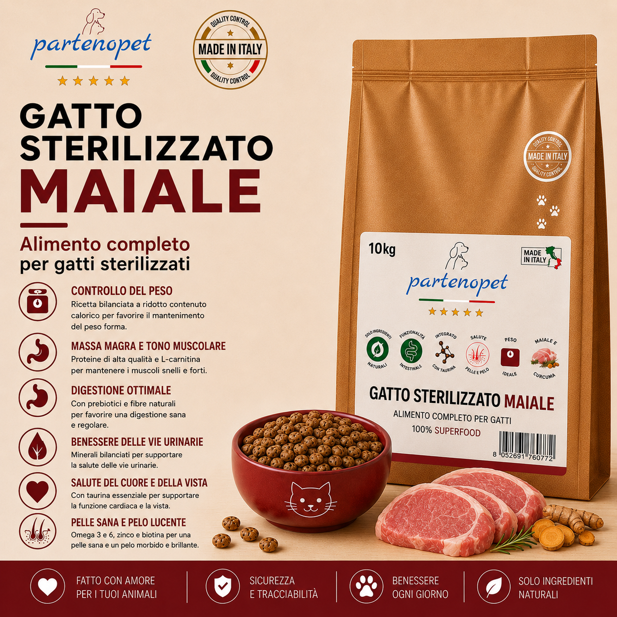 Sacco da 10 kg crocchette Partenopet Adult Cat al maiale, alimento naturale per gatti adulti pressato a freddo prodotto in Italia, senza conservanti né coloranti.