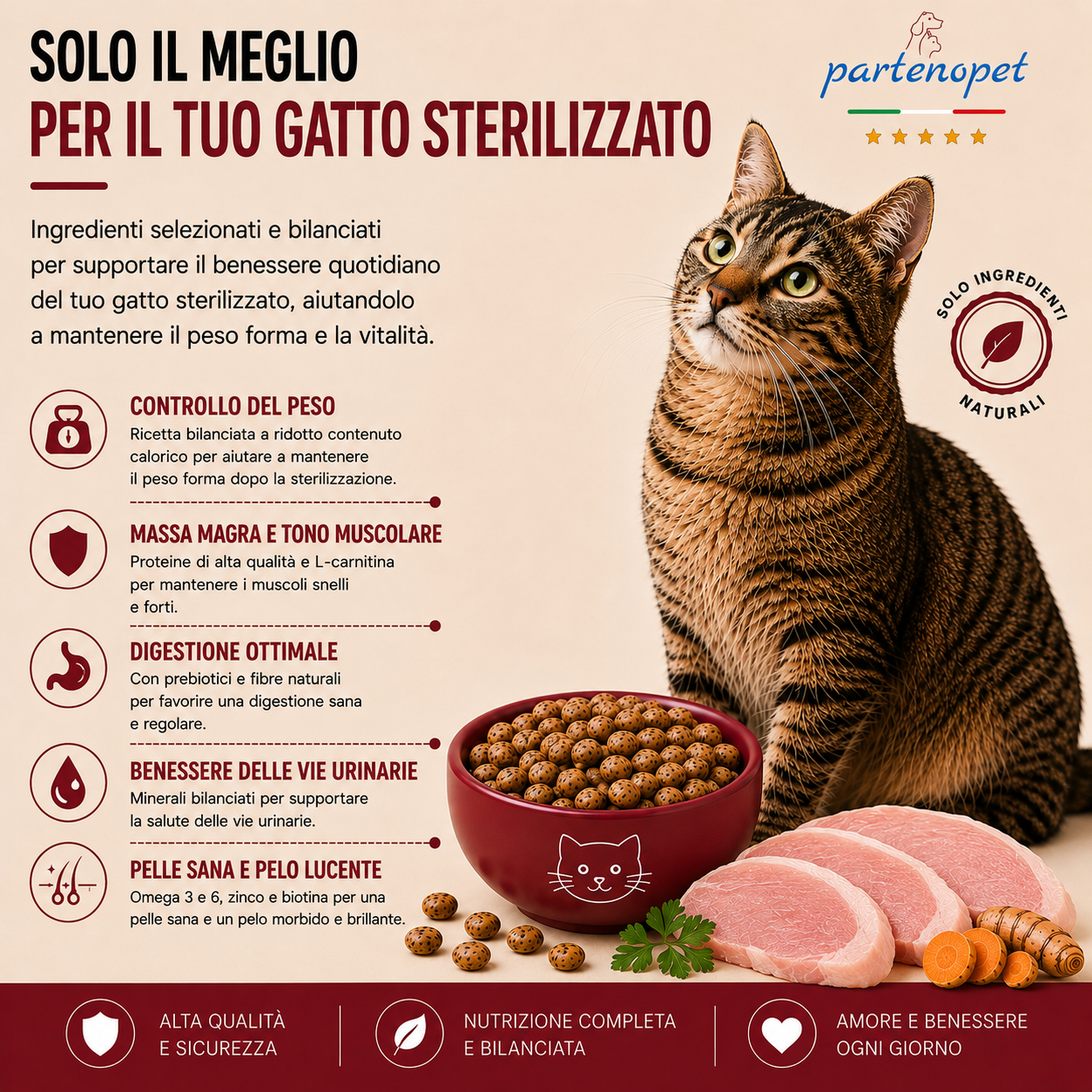 Sacco da 10 kg crocchette Partenopet Adult Cat al maiale, alimento naturale per gatti adulti pressato a freddo prodotto in Italia, senza conservanti né coloranti.