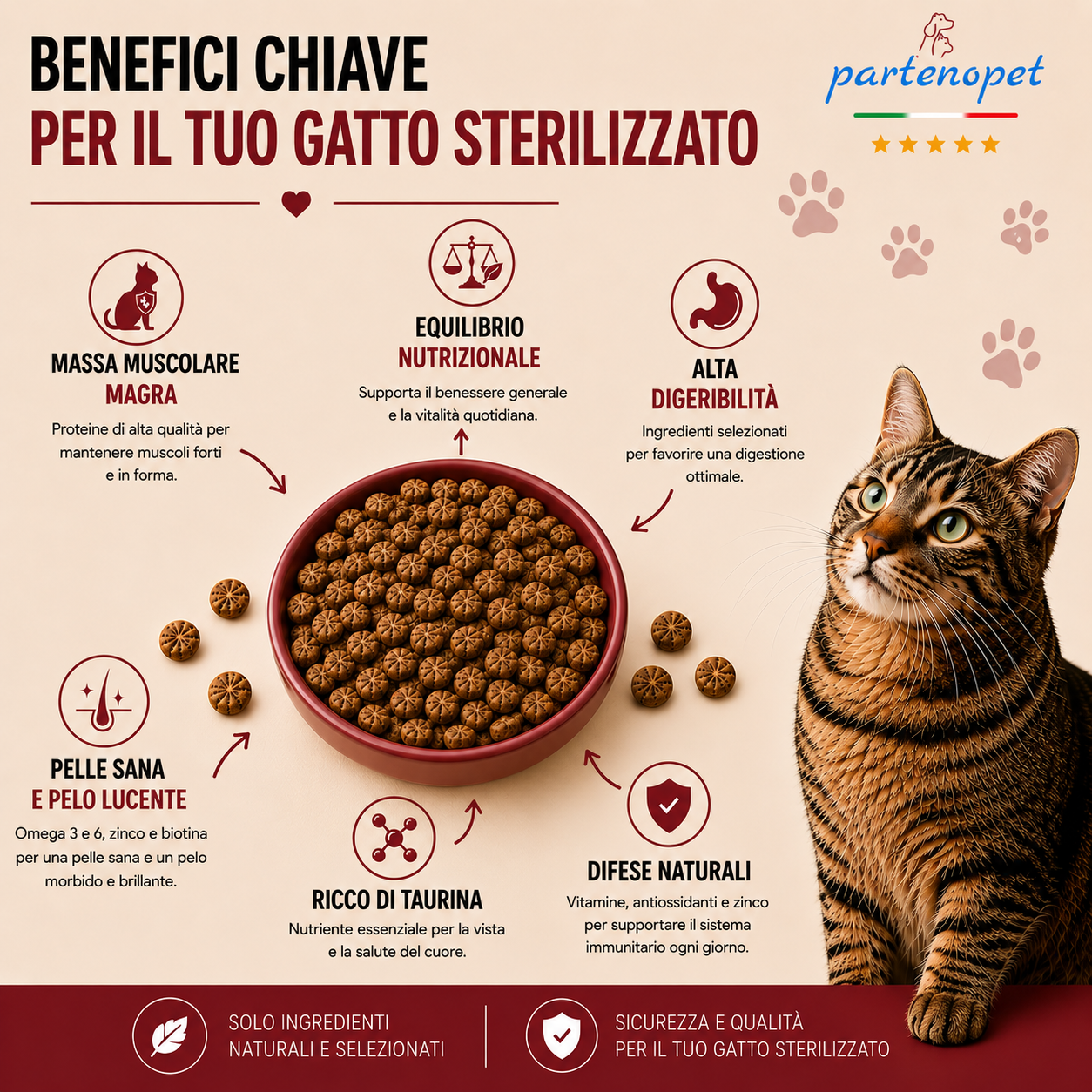 Sacco da 10 kg crocchette Partenopet Adult Cat al maiale, alimento naturale per gatti adulti pressato a freddo prodotto in Italia, senza conservanti né coloranti.