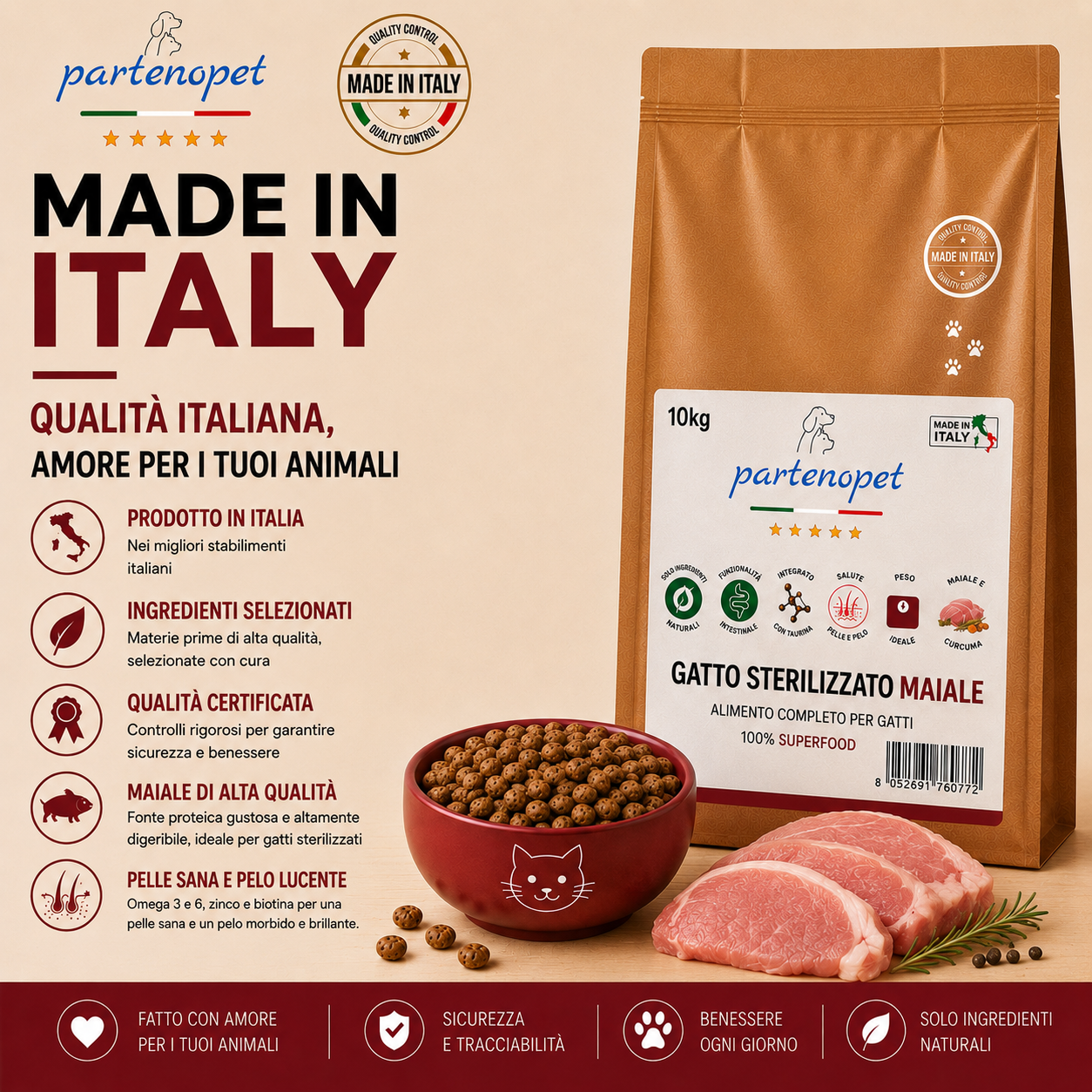 Sacco da 10 kg crocchette Partenopet Adult Cat al maiale, alimento naturale per gatti adulti pressato a freddo prodotto in Italia, senza conservanti né coloranti.