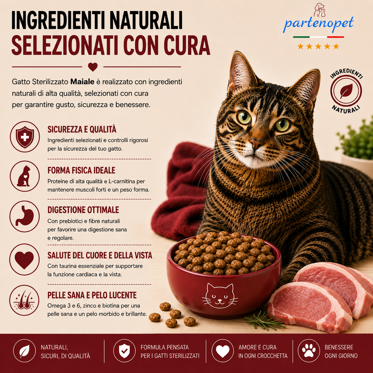 Sacco da 10 kg crocchette Partenopet Adult Cat al maiale, alimento naturale per gatti adulti pressato a freddo prodotto in Italia, senza conservanti né coloranti.