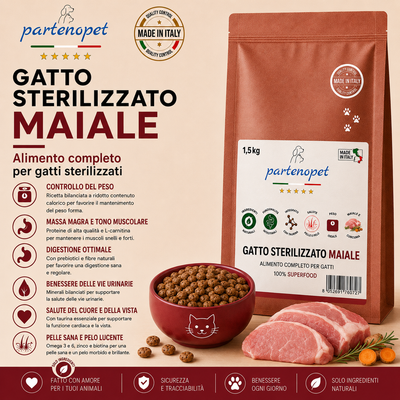 Sacco da 1,5 kg crocchette Partenopet Adult Cat al maiale, alimento naturale per gatti adulti pressato a freddo prodotto in Italia, senza conservanti né coloranti.