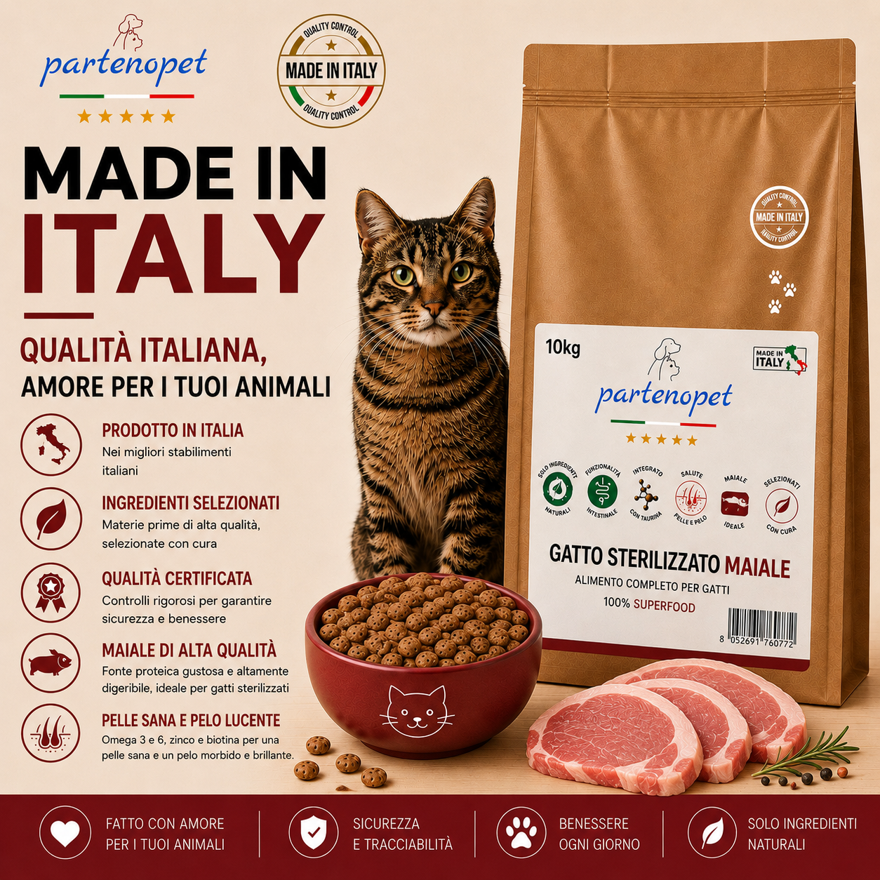 Sacco da 1,5 kg crocchette Partenopet Adult Cat al maiale, alimento naturale per gatti adulti pressato a freddo prodotto in Italia, senza conservanti né coloranti.