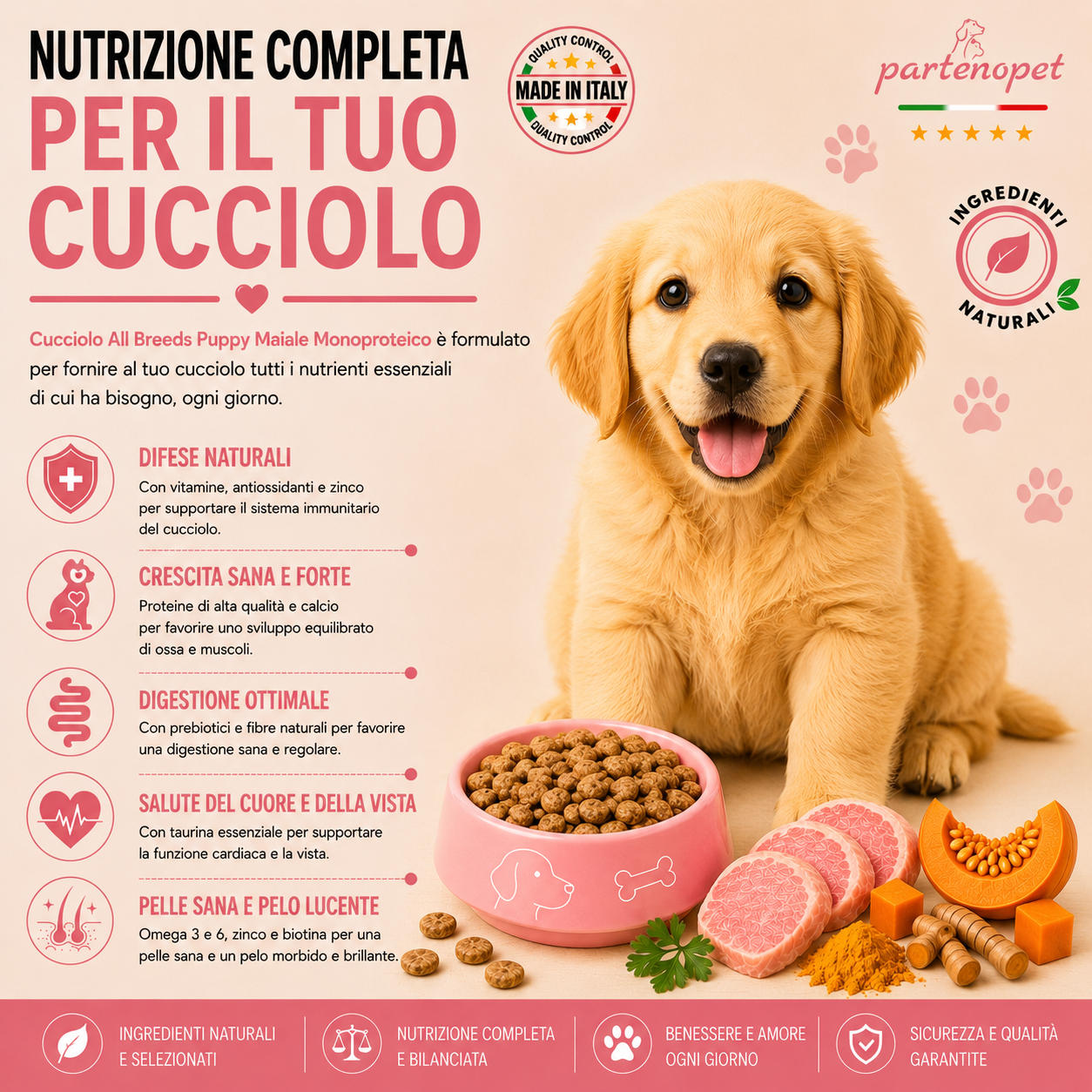Sacco scorta 12kg crocchette Partenopet Puppy al Maiale, alimento monoproteico naturale per cuccioli pressato a freddo, prodotto in Italia con condroprotettori e zucca.