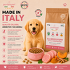 Sacco scorta 12kg crocchette Partenopet Puppy al Maiale, alimento monoproteico naturale per cuccioli pressato a freddo, prodotto in Italia con condroprotettori e zucca.