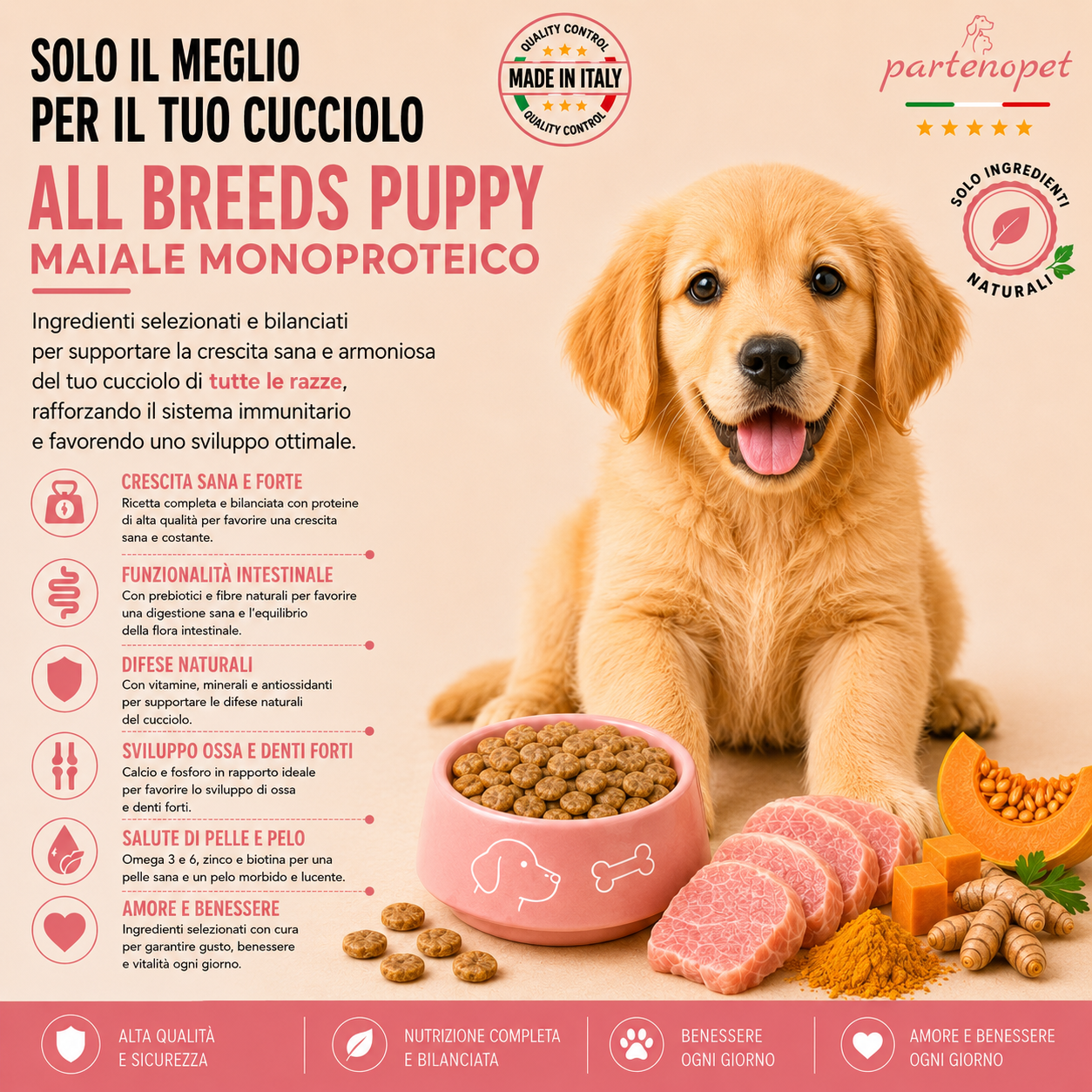 Sacco scorta 12kg crocchette Partenopet Puppy al Maiale, alimento monoproteico naturale per cuccioli pressato a freddo, prodotto in Italia con condroprotettori e zucca.