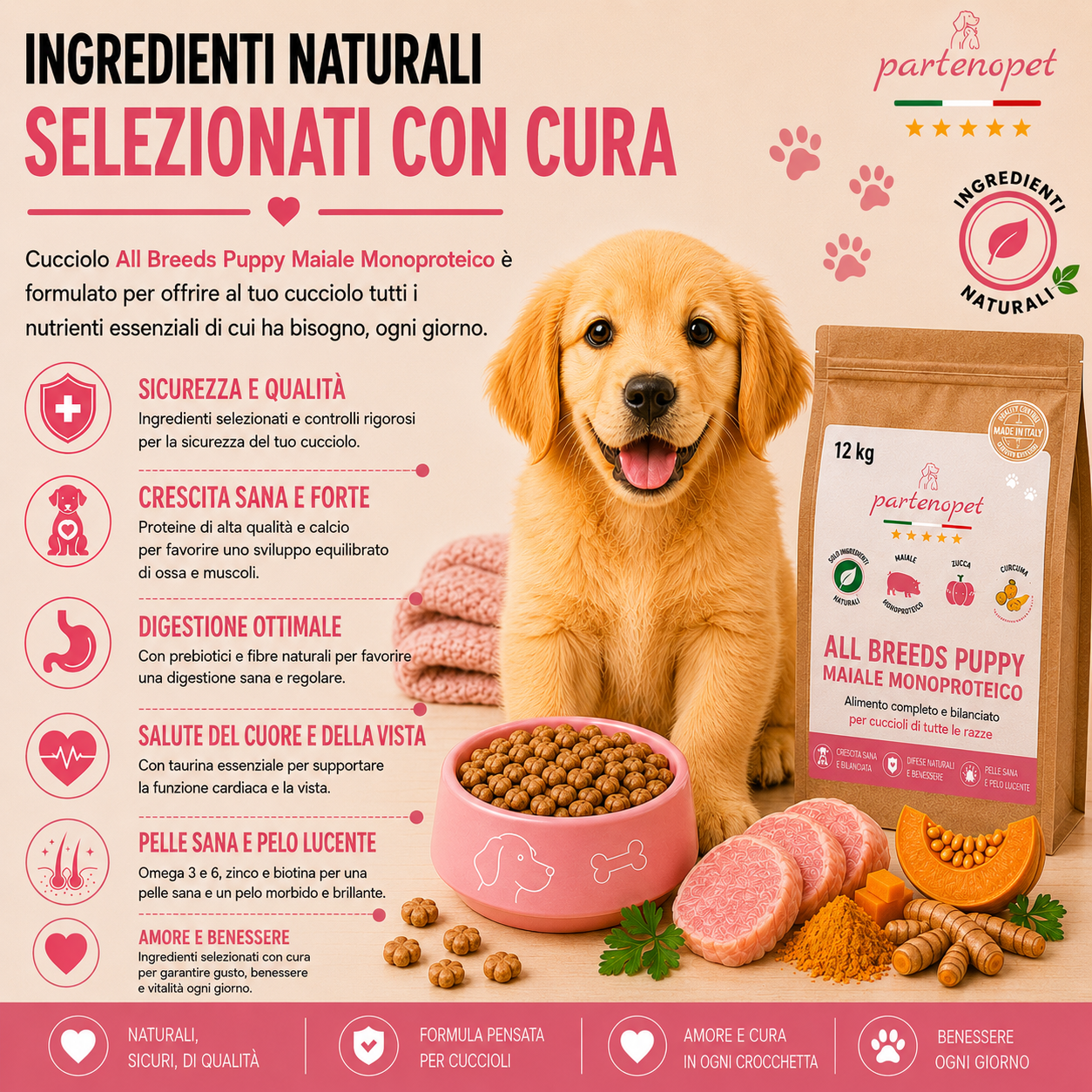 Sacco scorta 12kg crocchette Partenopet Puppy al Maiale, alimento monoproteico naturale per cuccioli pressato a freddo, prodotto in Italia con condroprotettori e zucca.