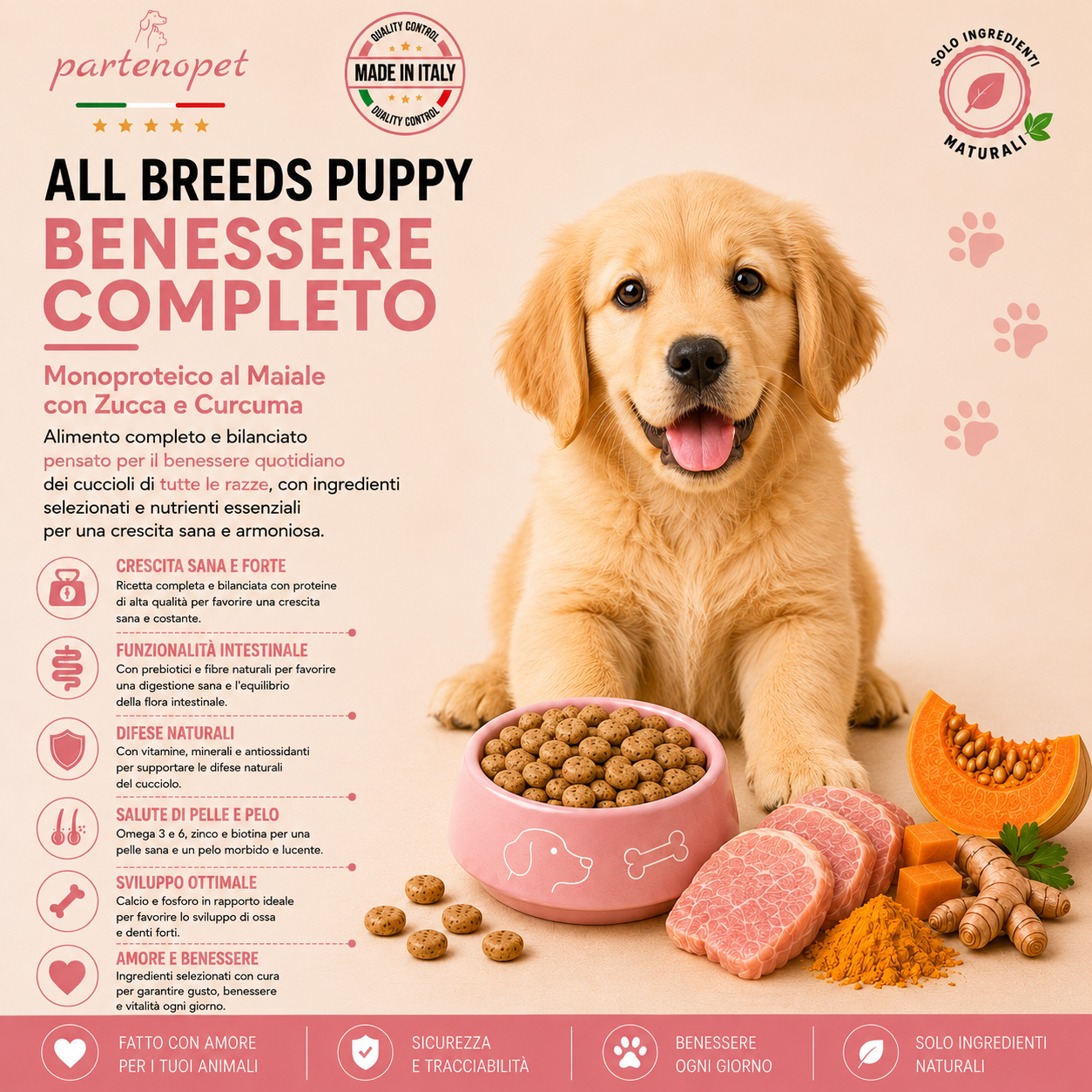 Sacco da 2kg di crocchette Partenopet Puppy al Maiale per cuccioli, alimento monoproteico naturale pressato a freddo prodotto in Italia, con condroprotettori per le articolazioni.