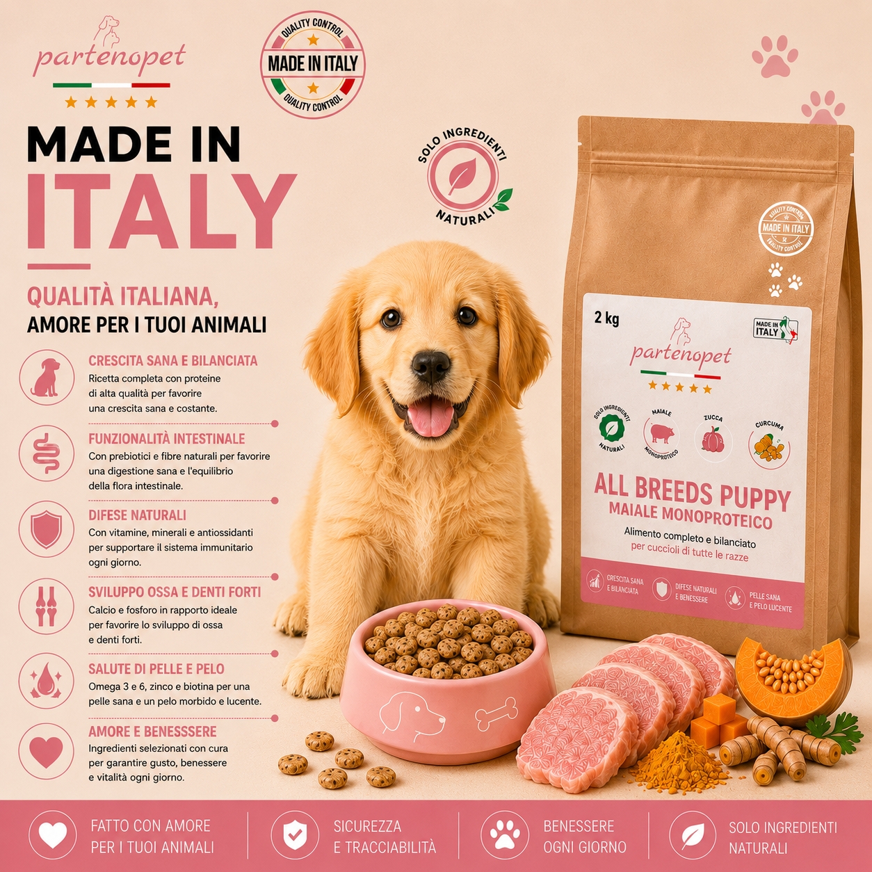 Sacco da 2kg di crocchette Partenopet Puppy al Maiale per cuccioli, alimento monoproteico naturale pressato a freddo prodotto in Italia, con condroprotettori per le articolazioni.