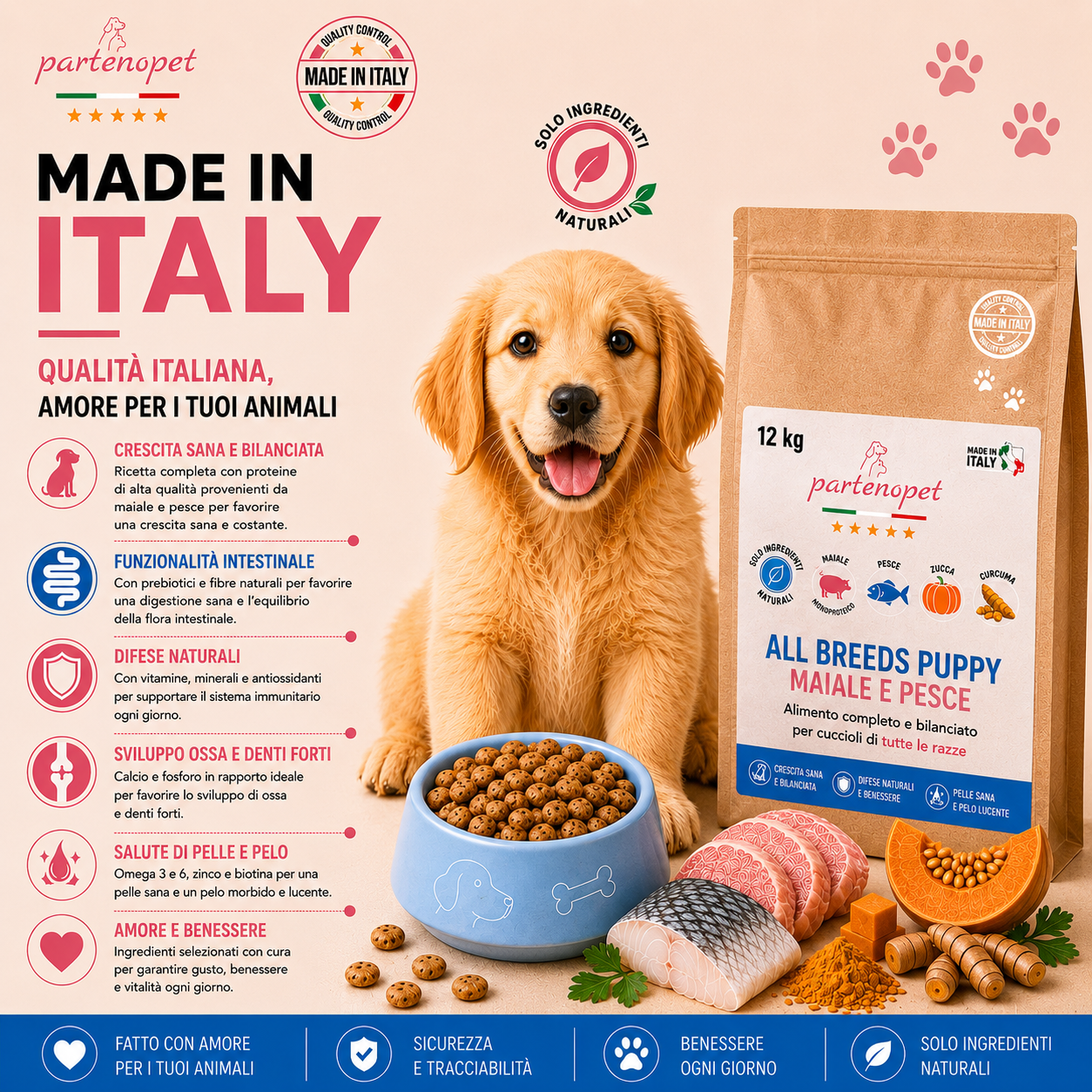Sacco scorta 12kg crocchette Partenopet Puppy Maiale e Pesce per cuccioli, alimento naturale pressato a freddo prodotto in Italia, con glucosamina e condroitina per lo sviluppo delle articolazioni.