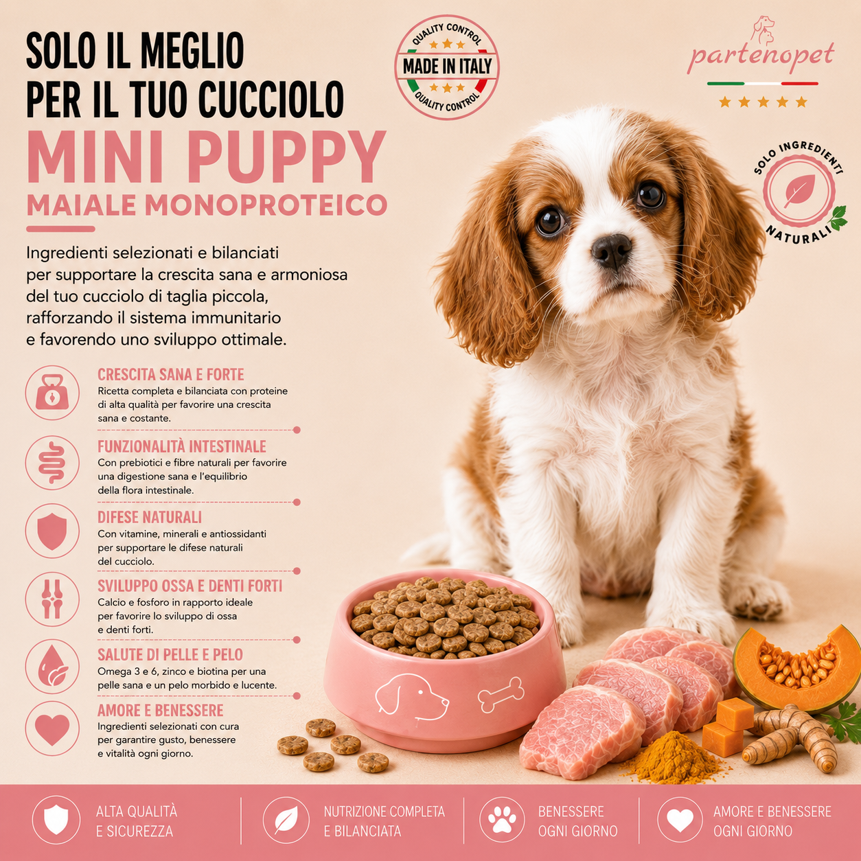Sacco da 2kg di crocchette Partenopet Puppy Mini al Maiale per cuccioli di piccola taglia, alimento naturale pressato a freddo monoproteico, Made in Italy con zucca e curcuma.