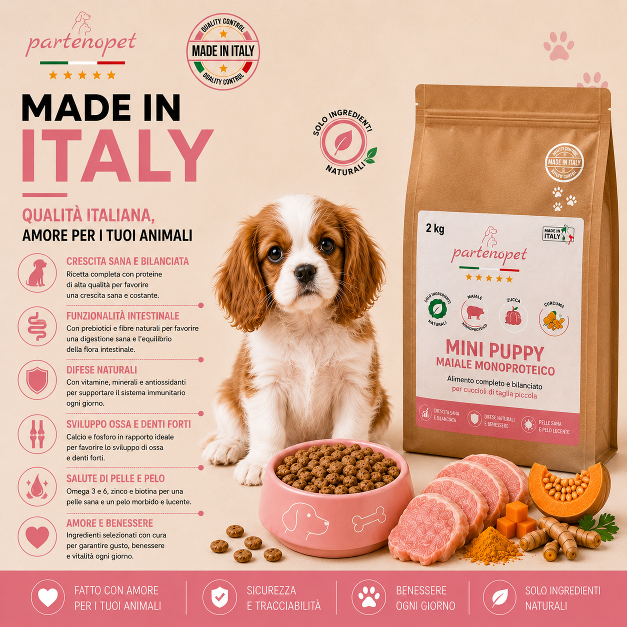 Sacco da 2kg di crocchette Partenopet Puppy Mini al Maiale per cuccioli di piccola taglia, alimento naturale pressato a freddo monoproteico, Made in Italy con zucca e curcuma.
