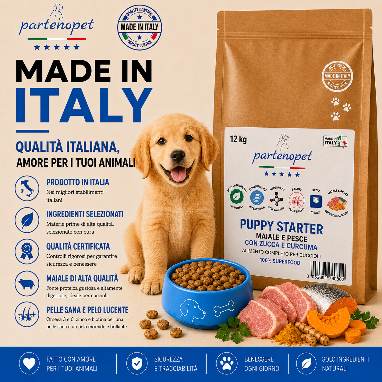Sacco da 12 kg di crocchette pressate a freddo Partenopet Puppy Starter al gusto maiale e pesce, cibo secco monoproteico di base per lo svezzamento dei cuccioli, senza conservanti né coloranti, 100% Made in Italy.