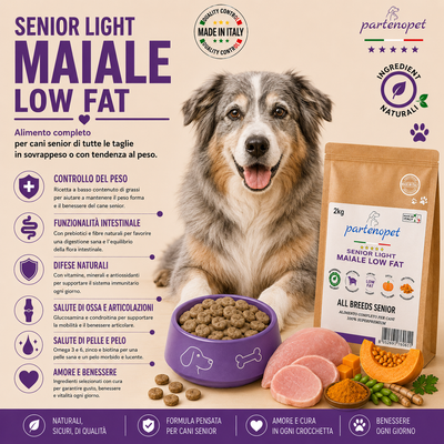 Sacco da 2kg di crocchette Partenopet Senior Light al Maiale, alimento per cani anziani pressato a freddo, naturale e monoproteico, con zucca e curcuma.
