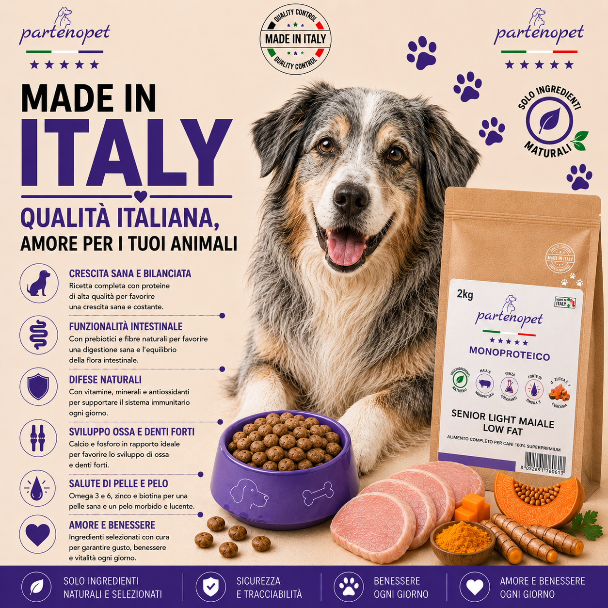 Sacco da 2kg di crocchette Partenopet Senior Light al Maiale, alimento per cani anziani pressato a freddo, naturale e monoproteico, con zucca e curcuma.
