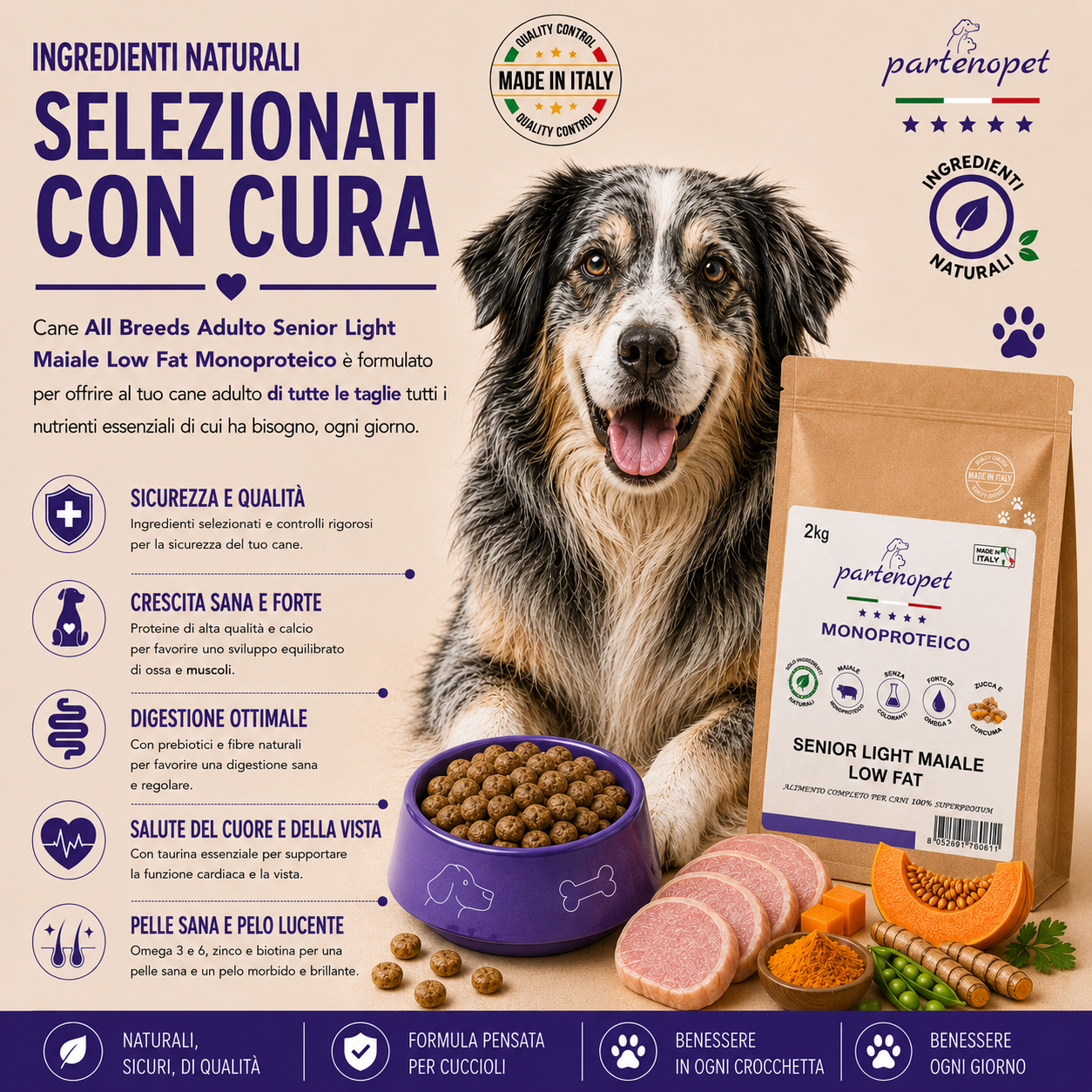 Sacco da 2kg di crocchette Partenopet Senior Light al Maiale, alimento per cani anziani pressato a freddo, naturale e monoproteico, con zucca e curcuma.