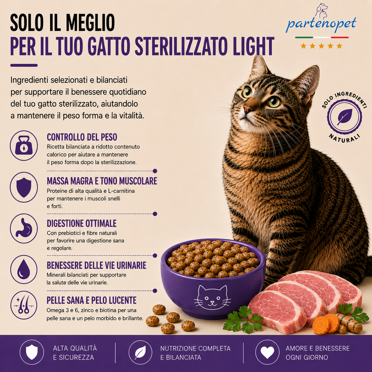 Sacco da 1,5kg di crocchette Partenopet Sterilised Cat Light al maiale per gatti sterilizzati, alimento naturale pressato a freddo prodotto in Italia, senza conservanti né coloranti.