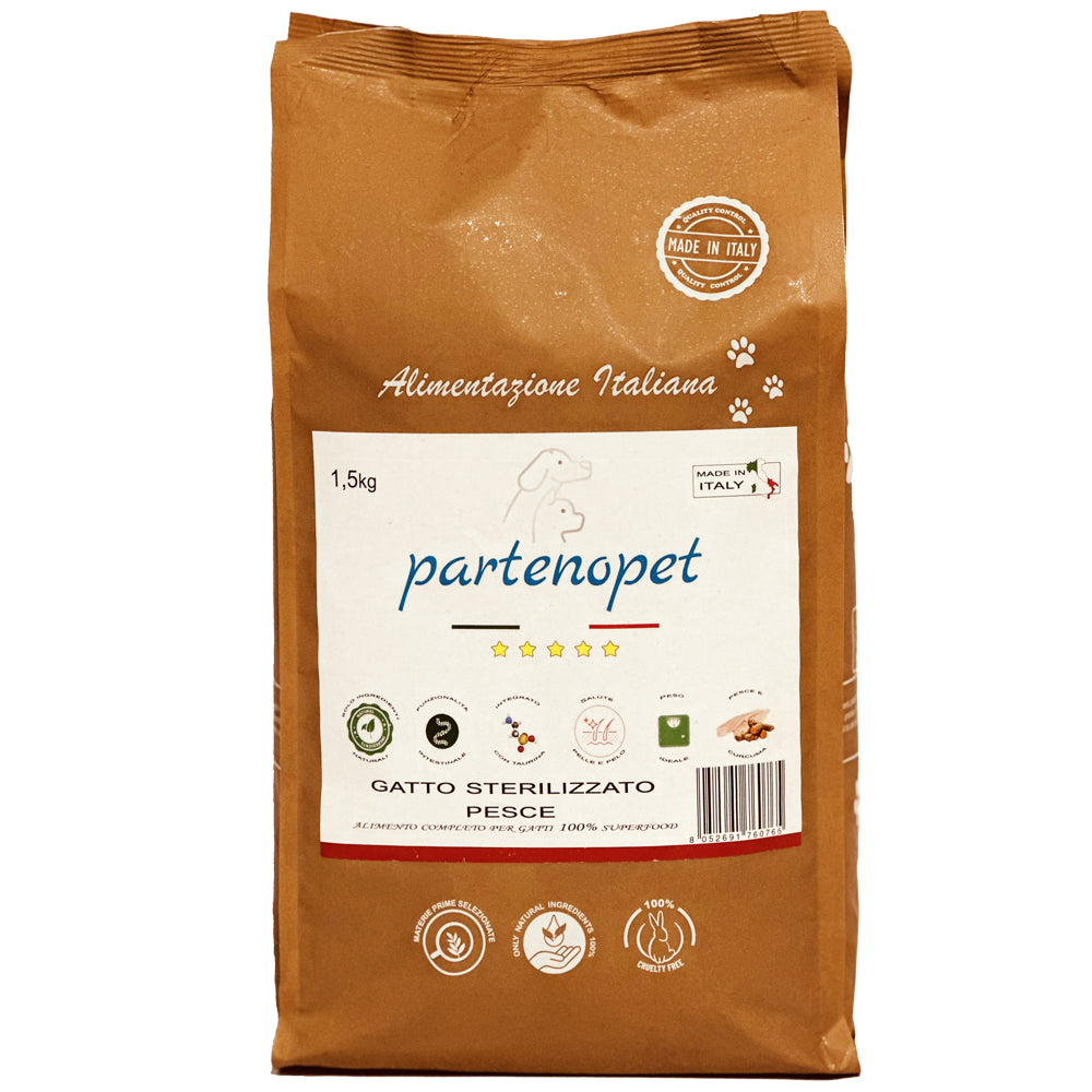 Busta di crocchette al pesce per gatti sterilizzati pressate a freddo senza conservanti e coloranti marca Partenopet da 1,5 kg