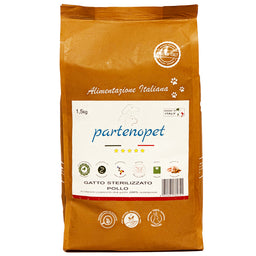 Busta di crocchette al pollo per gatti sterilizzati pressate a freddo senza conservanti e coloranti marca Partenopet da 1,5 kg