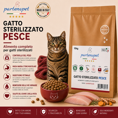 Busta di crocchette al pesce per gatti sterilizzati pressate a freddo senza conservanti e coloranti marca Partenopet da 10 kg