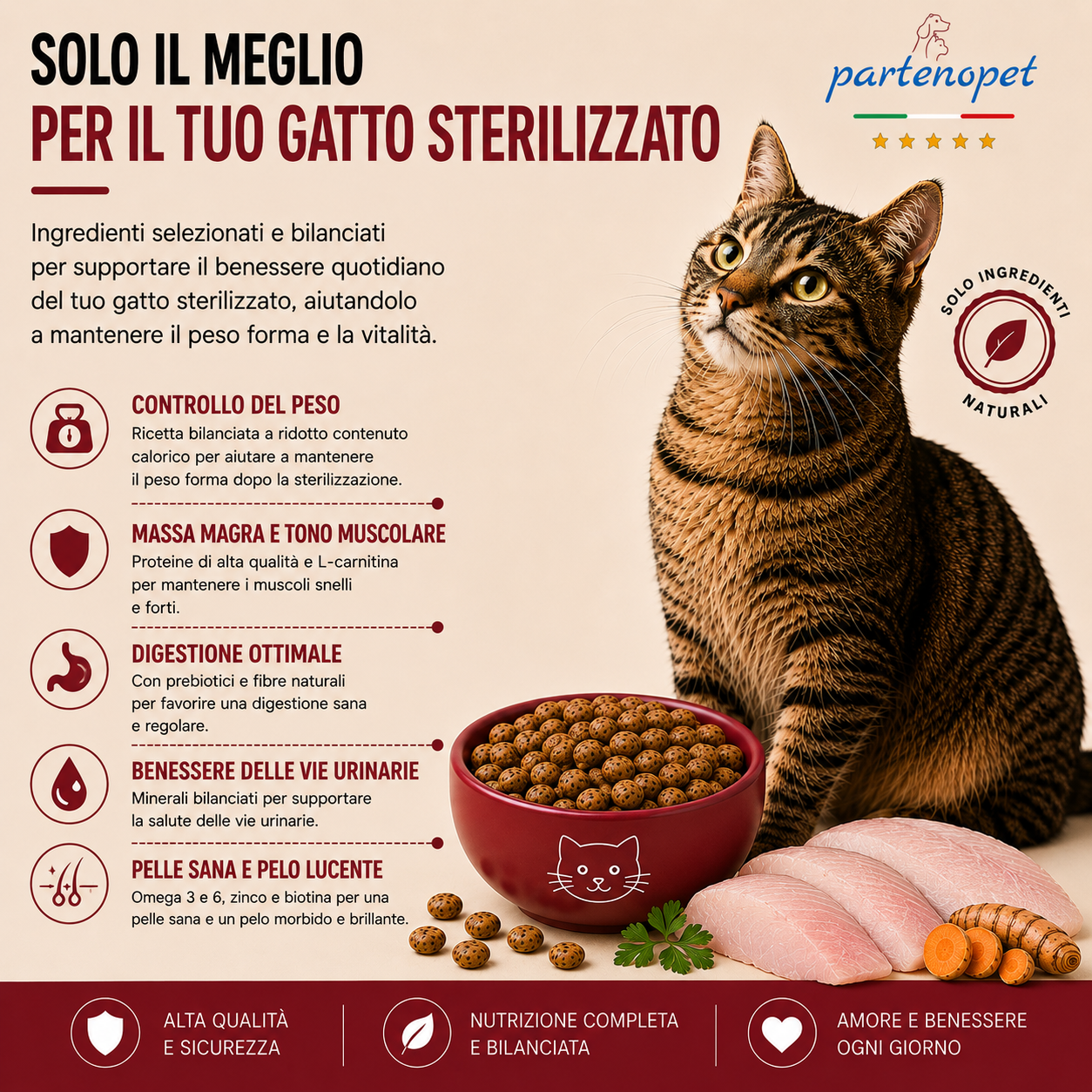 Busta di crocchette al pesce per gatti sterilizzati pressate a freddo senza conservanti e coloranti marca Partenopet da 10 kg