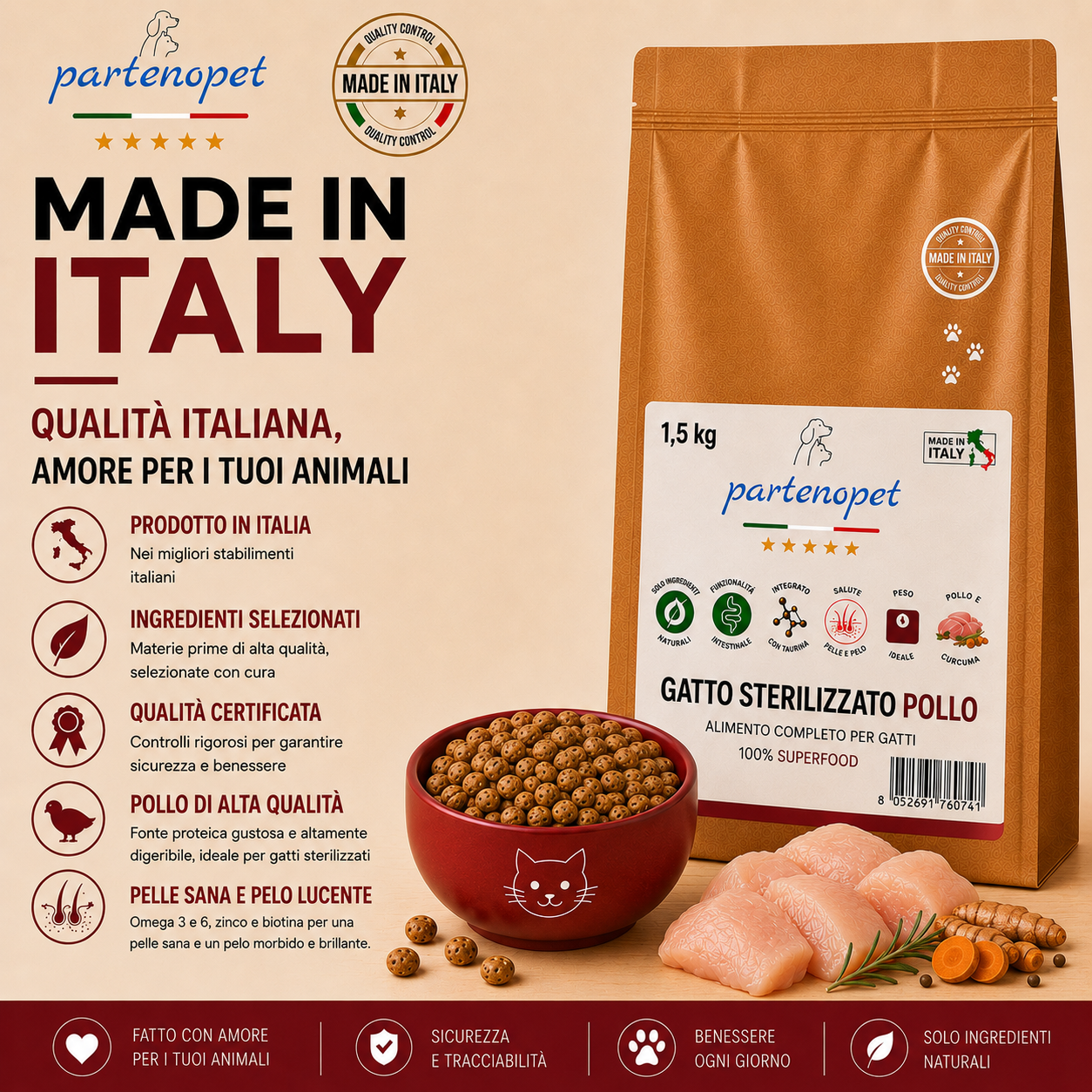 Busta di crocchette al pollo per gatti sterilizzati pressate a freddo senza conservanti e coloranti marca Partenopet da 1,5 kg